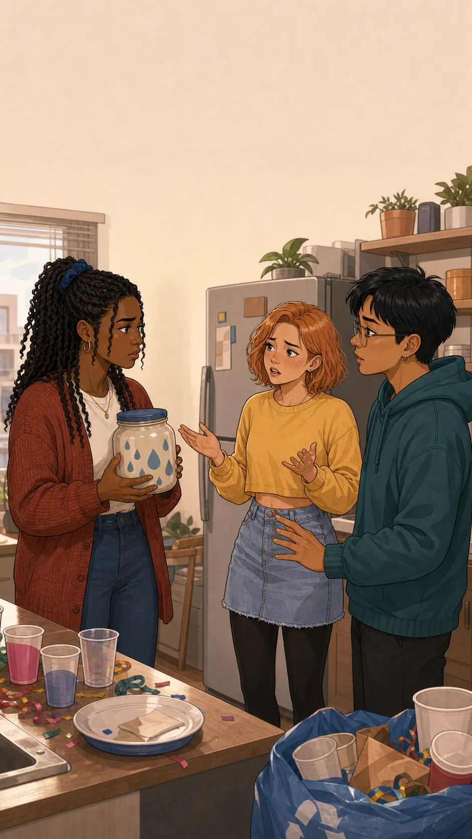 Nora holds the rainy-day jar while Liv explains herself in a generic apartment kitchen and Sam listens nearby.