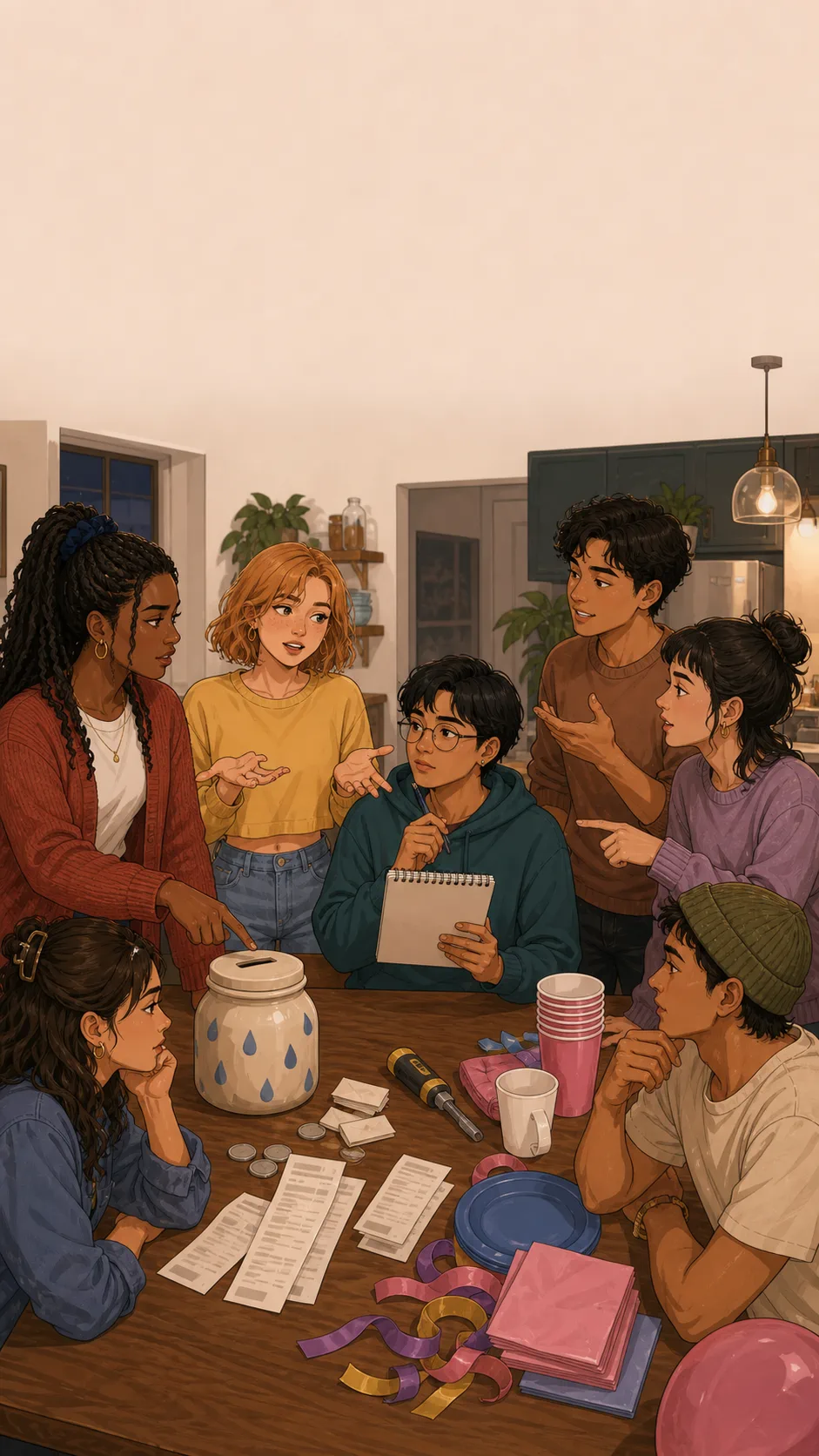 Nora, Liv, Sam, and friends stand around a kitchen table with a rainy-day jar, blank slips, a tool, and plain party supplies while opinions split.