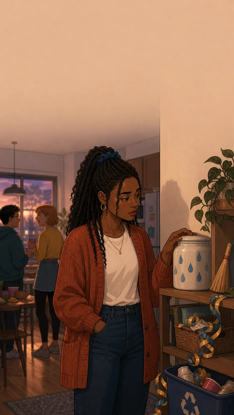 Nora stands thoughtfully in a generic apartment kitchen beside the rainy-day jar, a small household tool, and leftover plain party decorations.