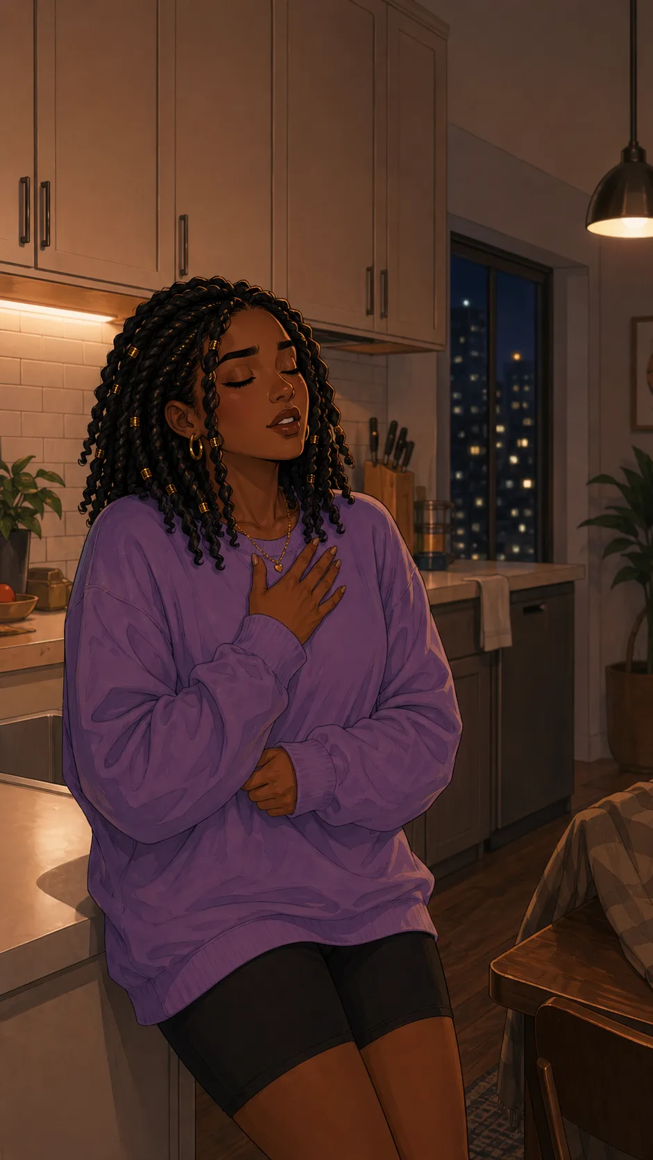 Lena stands alone in a generic apartment kitchen looking dramatic and trusting after sending a private voice note.