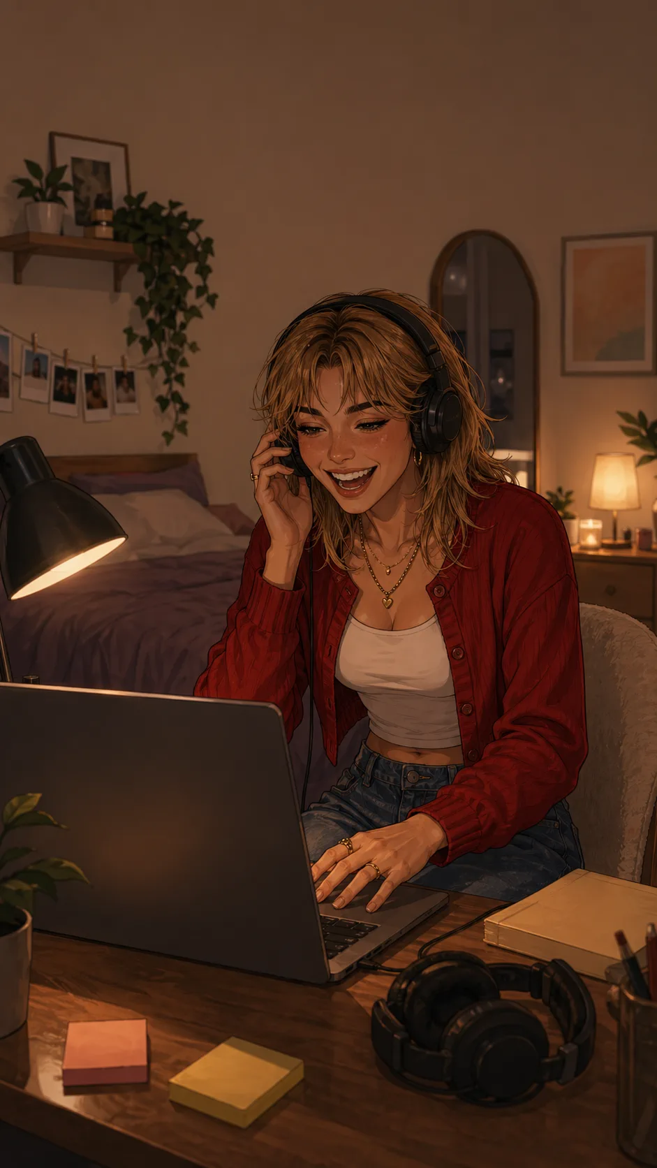 Brooke laughs at a generic creator desk while editing audio on a laptop turned away from the viewer.