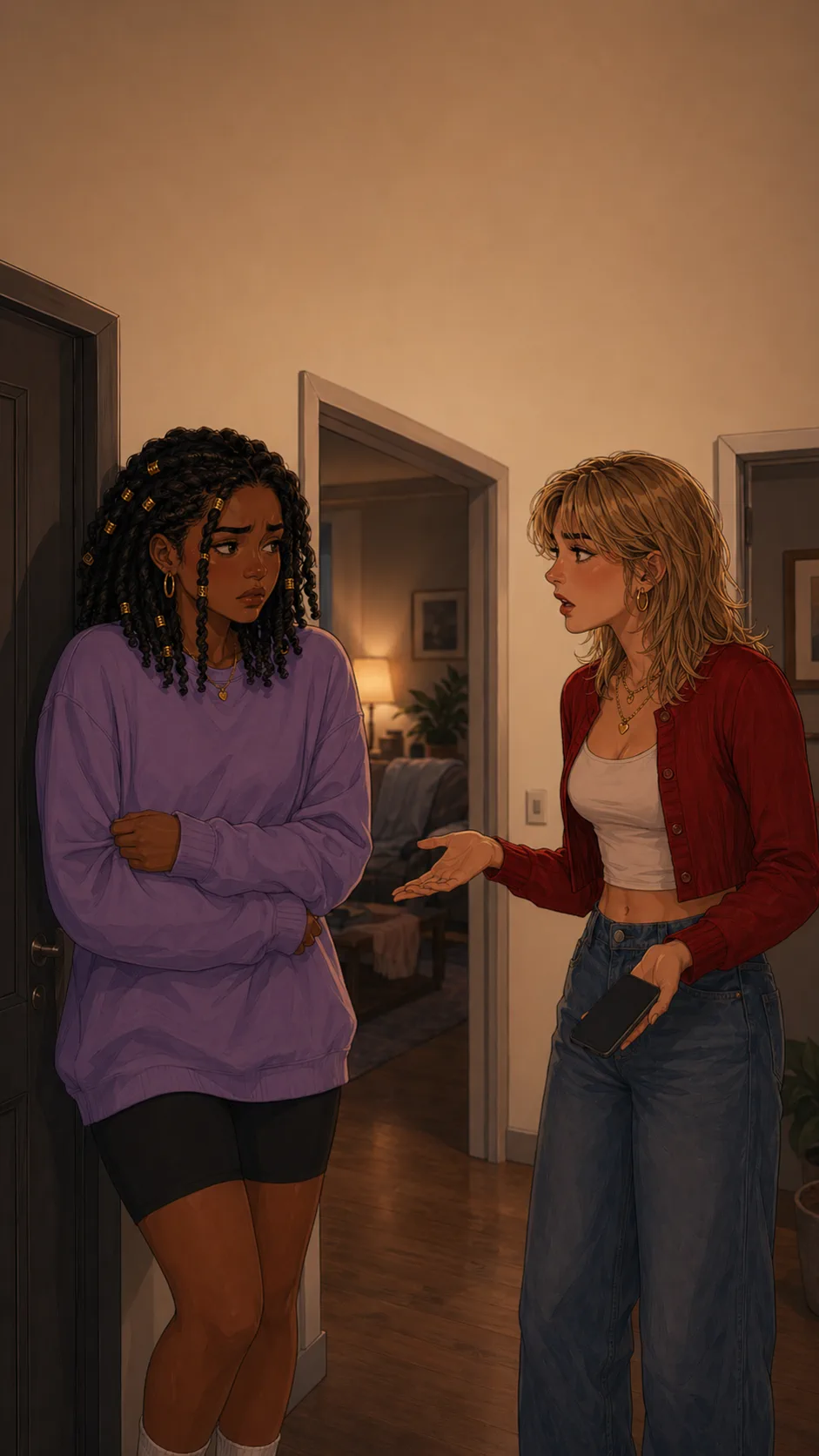 Lena and Brooke face each other tensely in a generic apartment hallway while Brooke holds a face-down phone.