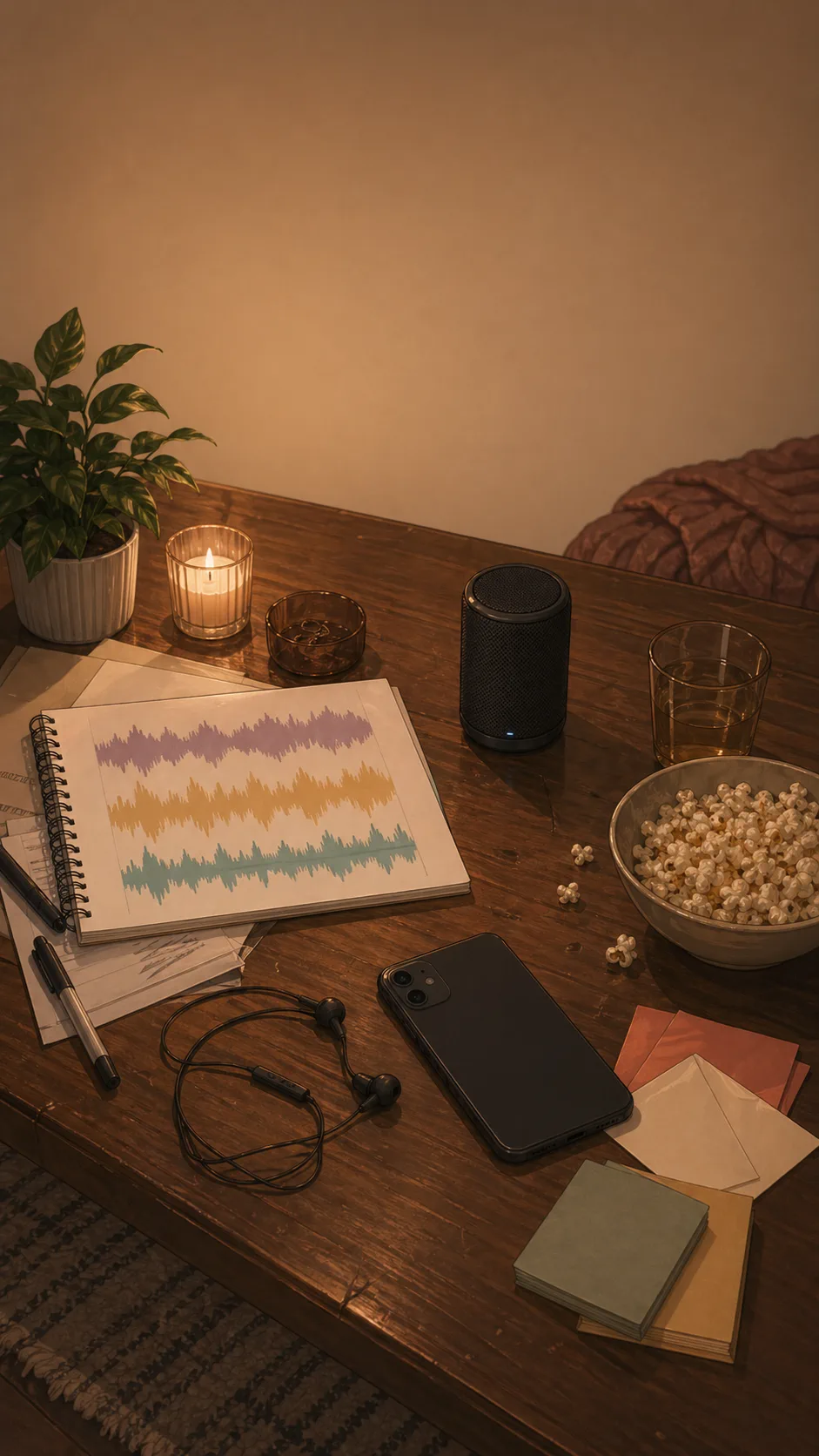 A warm evidence-style tabletop shows a face-down phone, earbuds, a small speaker, blank note cards, and abstract waveform shapes.