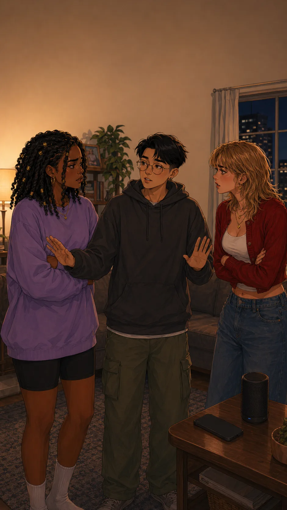Sam stands between Lena and Brooke in a generic living room while they explain their sides.