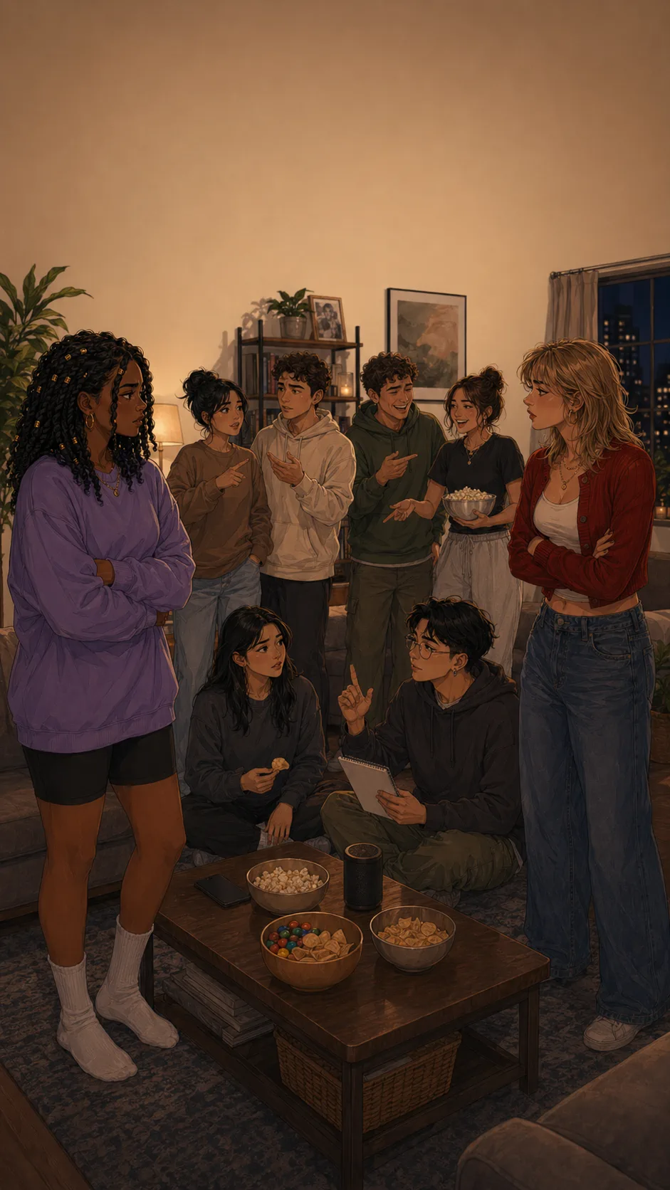 Lena, Brooke, Sam, and friends stand in a generic living room with the group visibly split into different opinions.