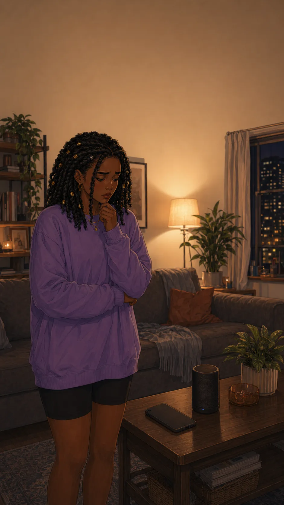 Lena stands thoughtfully beside a table with a face-down phone and small speaker in a generic apartment living room.