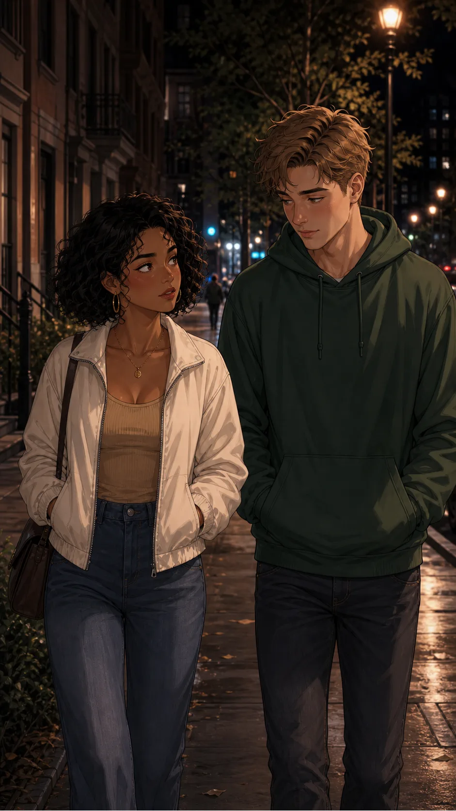 Lena and Owen walk together after a late date.