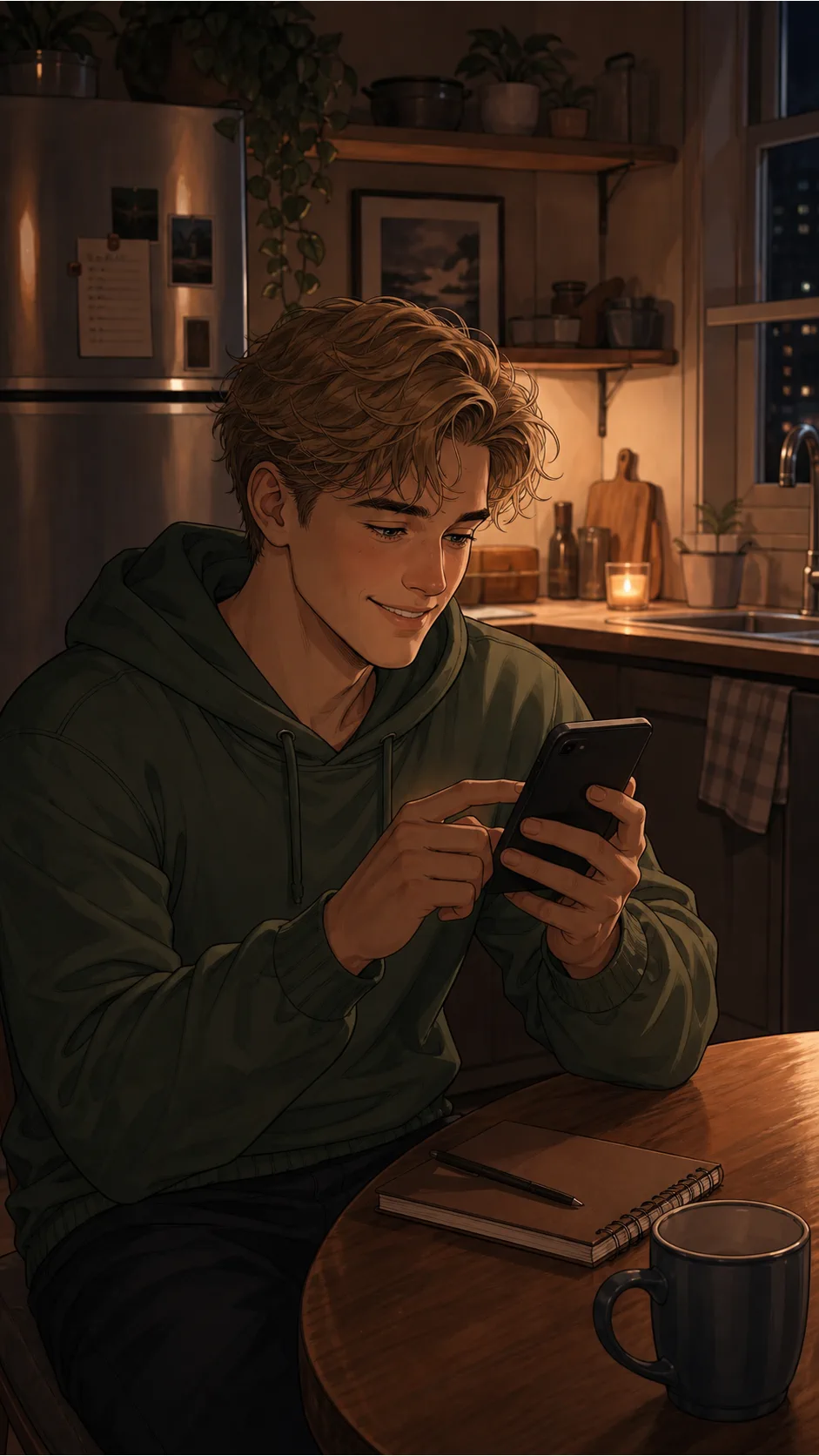 Owen smiles while setting a phone sound.