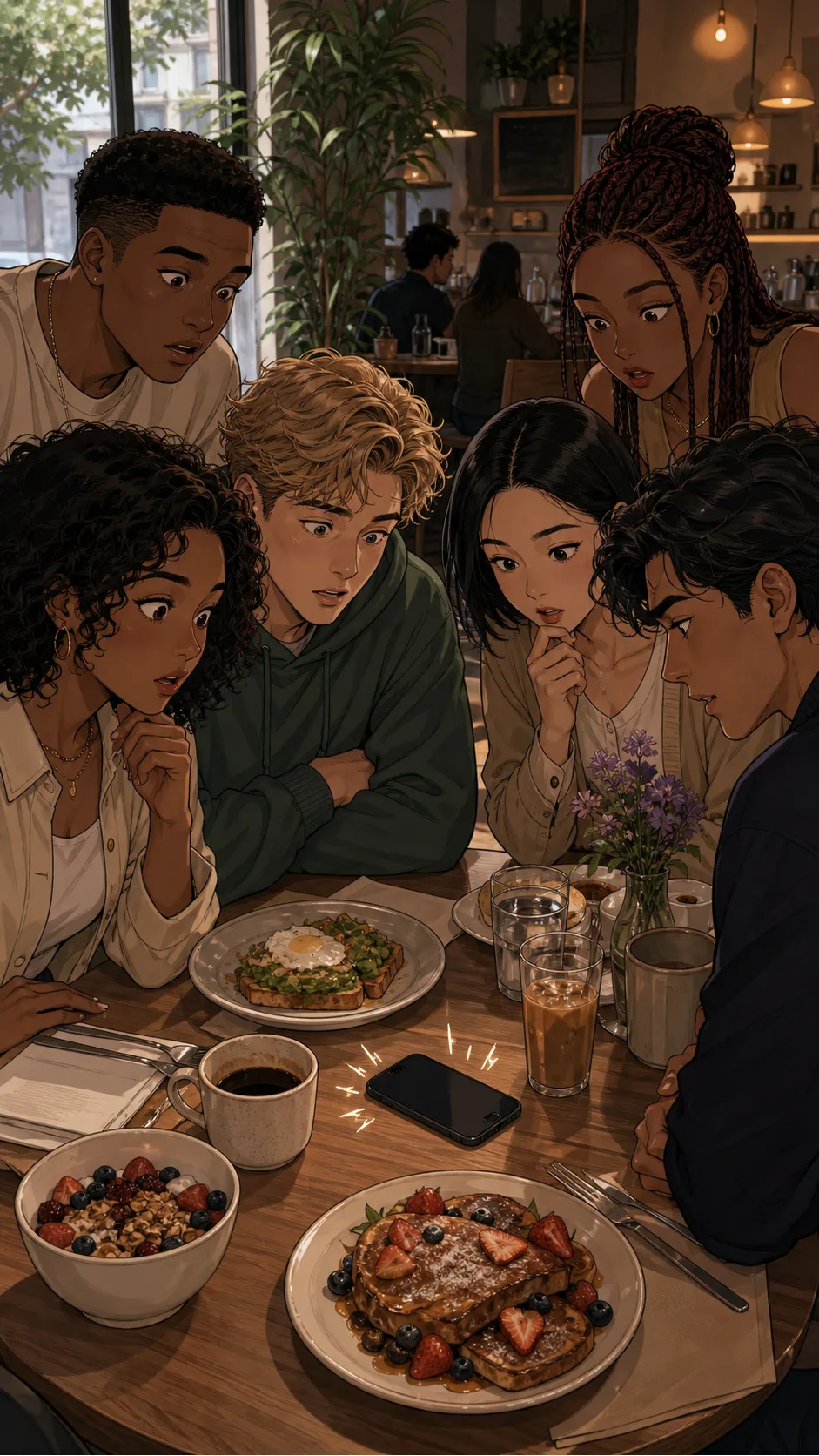 Owen's phone rings on a brunch table in front of friends.
