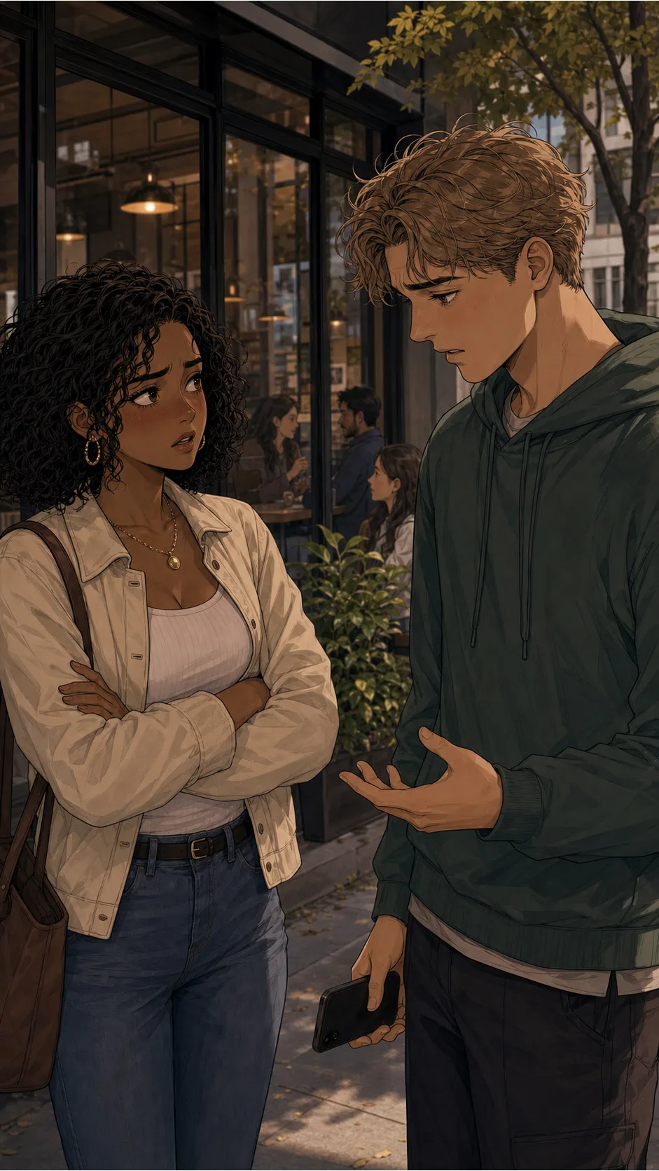 Lena and Owen discuss the voice note ringtone outside the cafe.