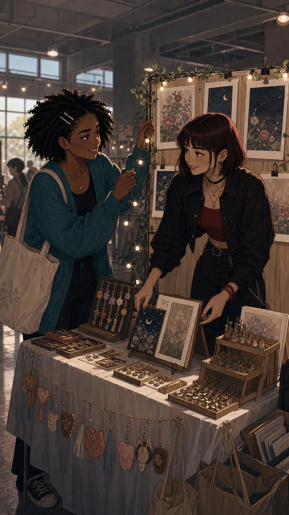 Two fictional volunteers help at a generic neighborhood fundraiser.