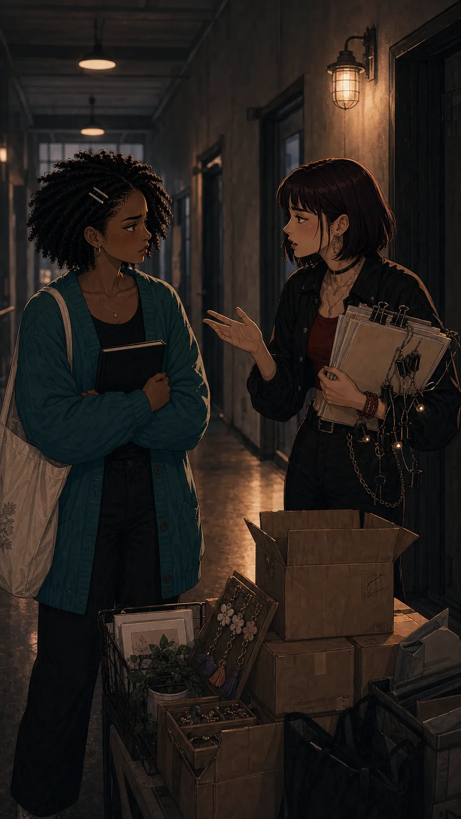 Two fictional volunteers talk tensely in a generic community center hallway.