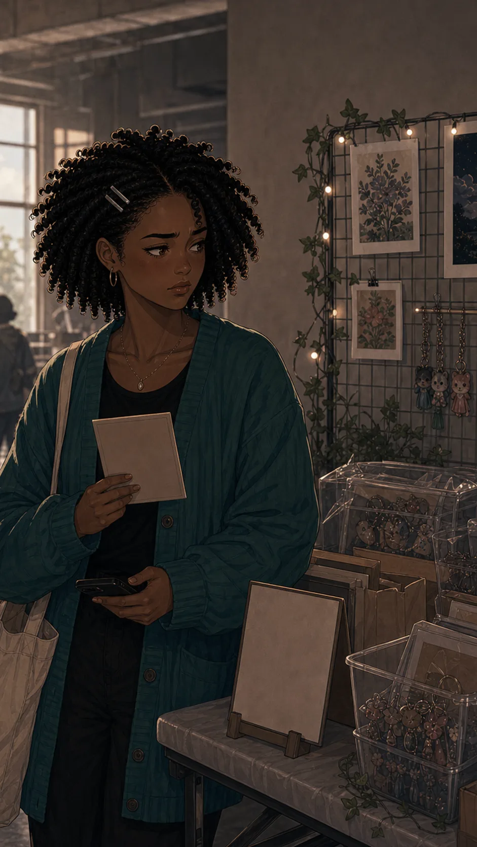 A fictional volunteer looks hurt while reading a blurred group message in a community room.