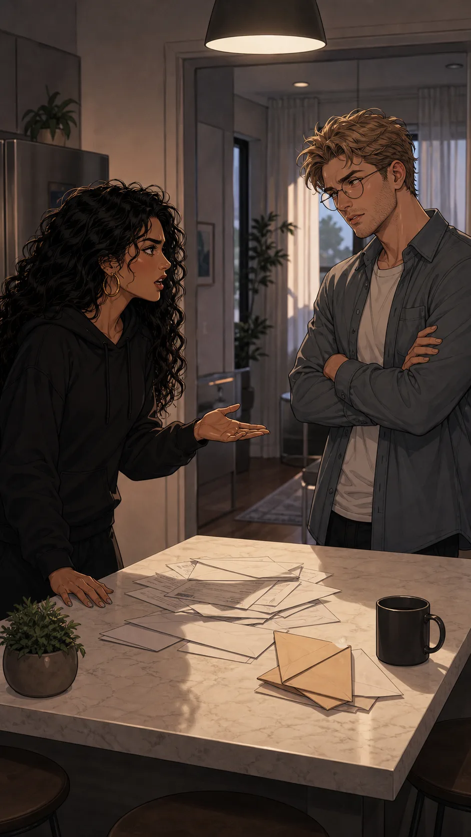 Zara and Noah discuss shared bills in a generic kitchen.