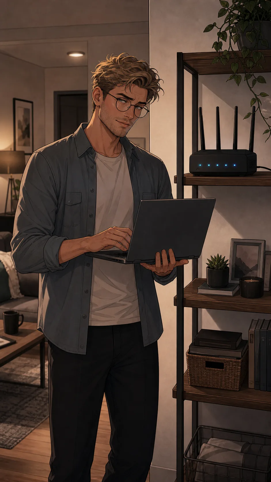 Noah changes a setting on a laptop facing him near a router.