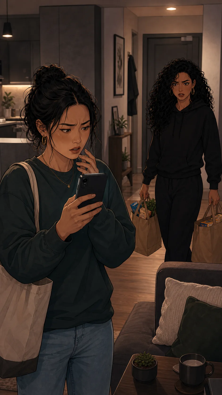 A guest checks Wi-Fi on a phone facing them as Zara enters.