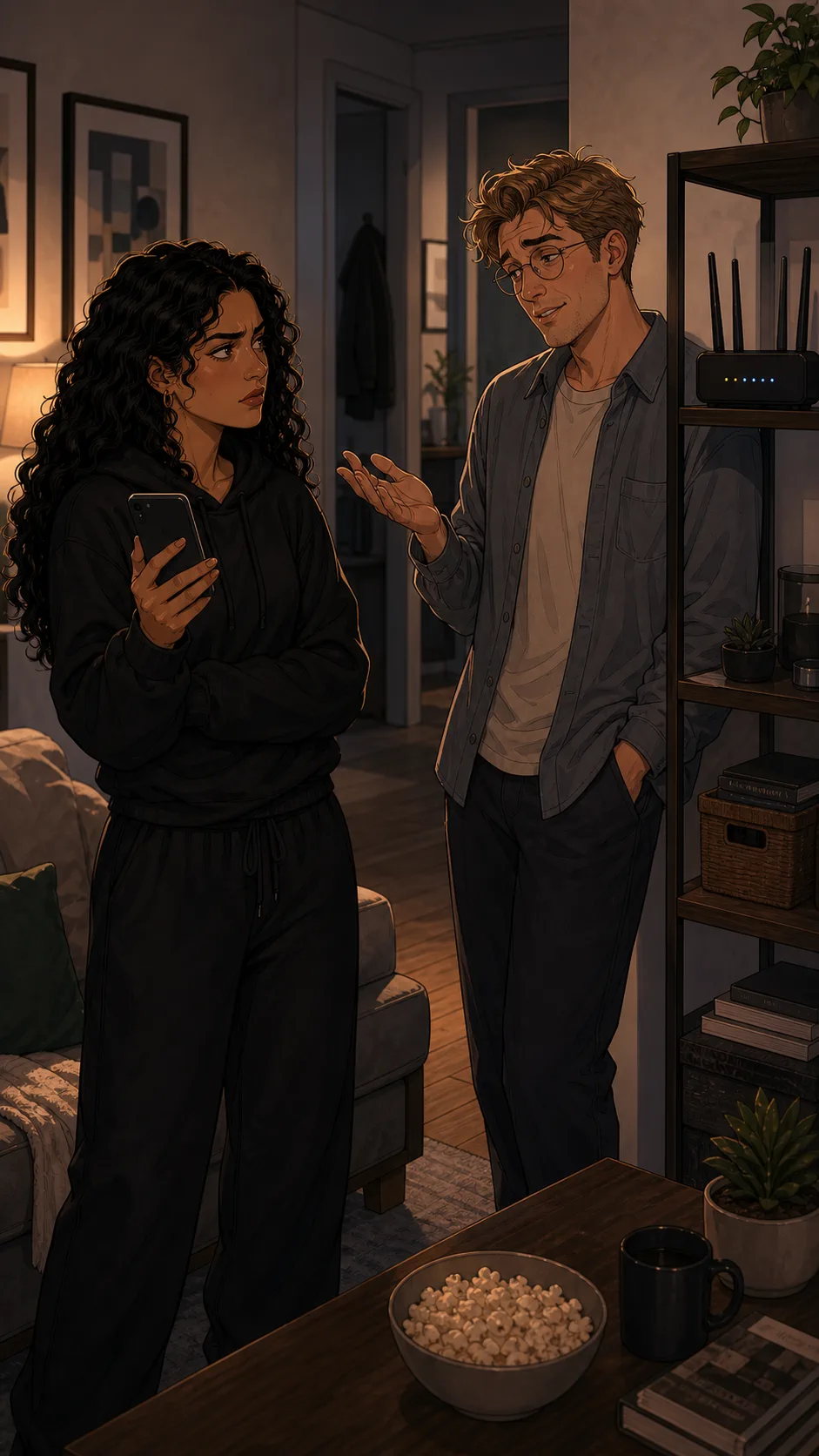 Noah shrugs near a router while Zara objects.