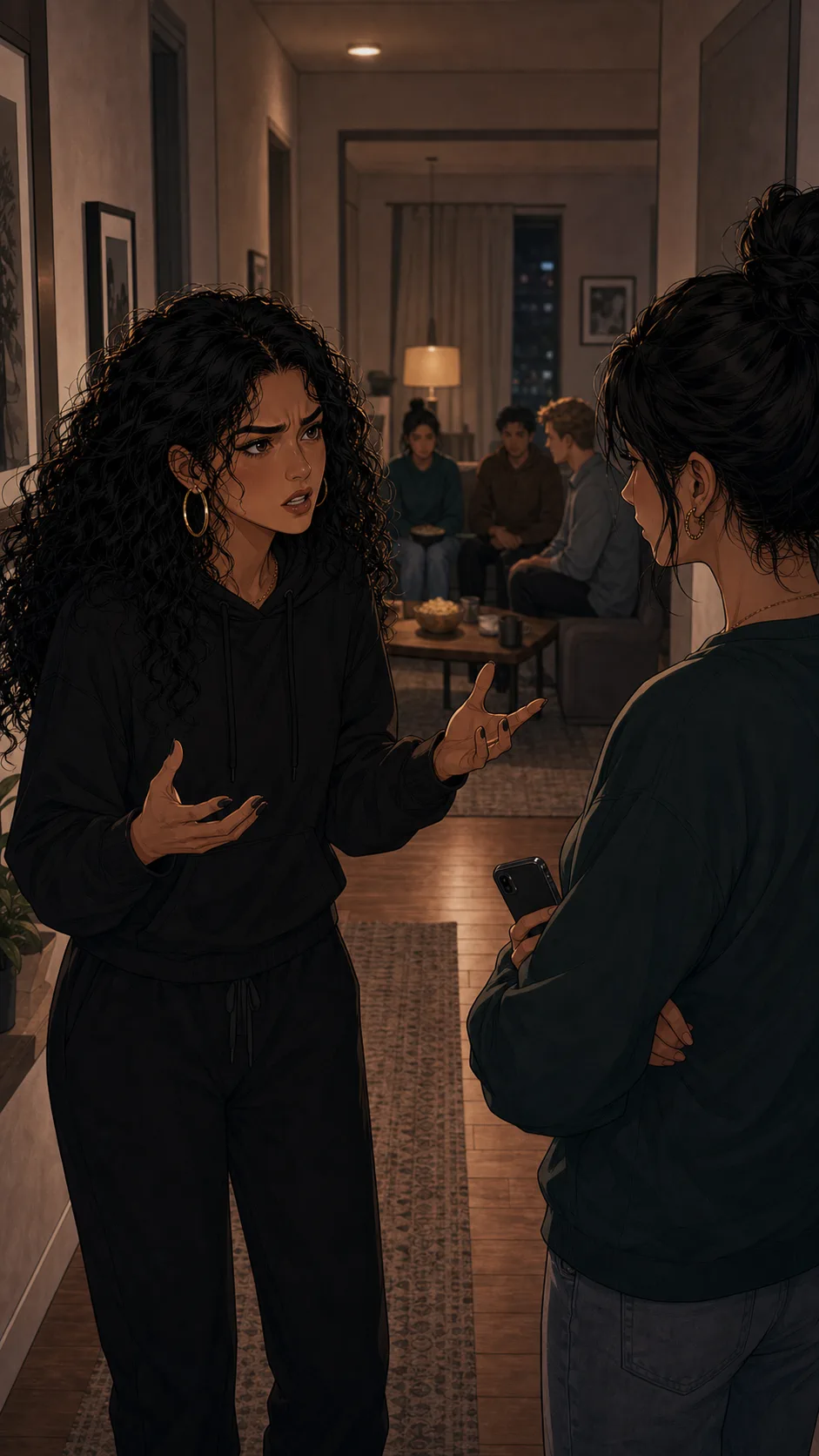 Zara explains the Wi-Fi name issue to a friend in the hallway.