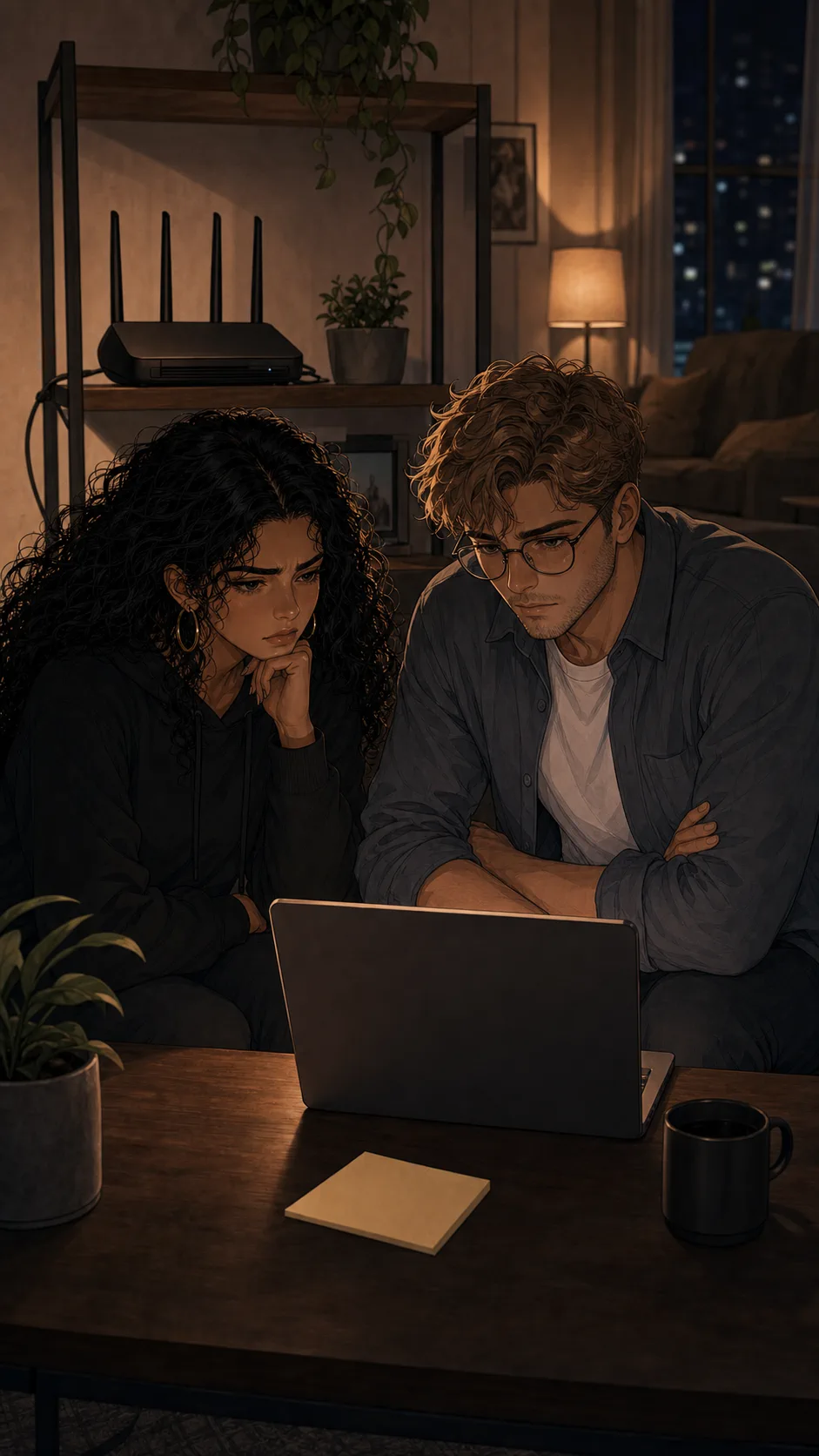 Zara and Noah sit near the router deciding what to name the Wi-Fi.