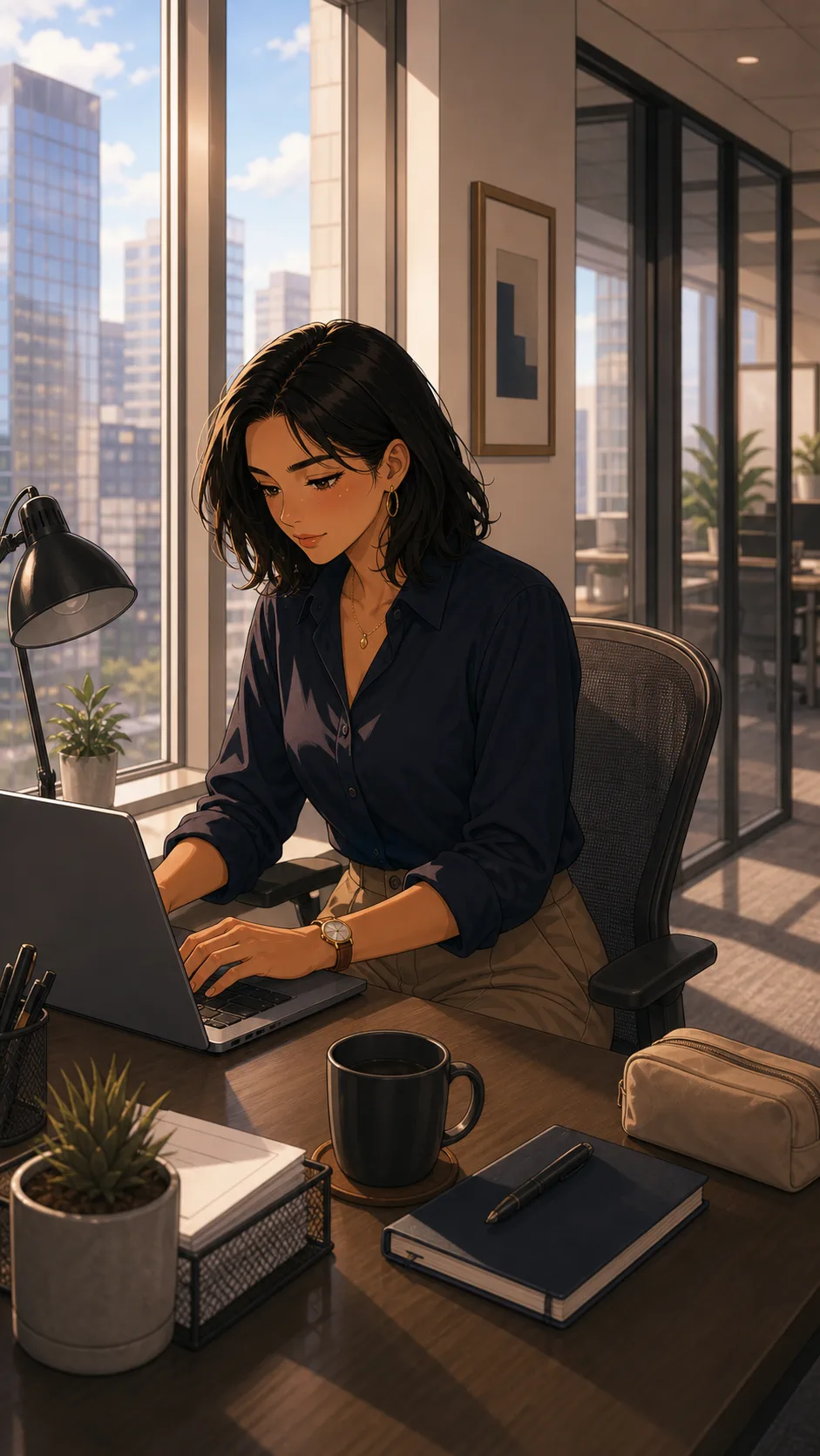 Harper works at a quiet window desk.