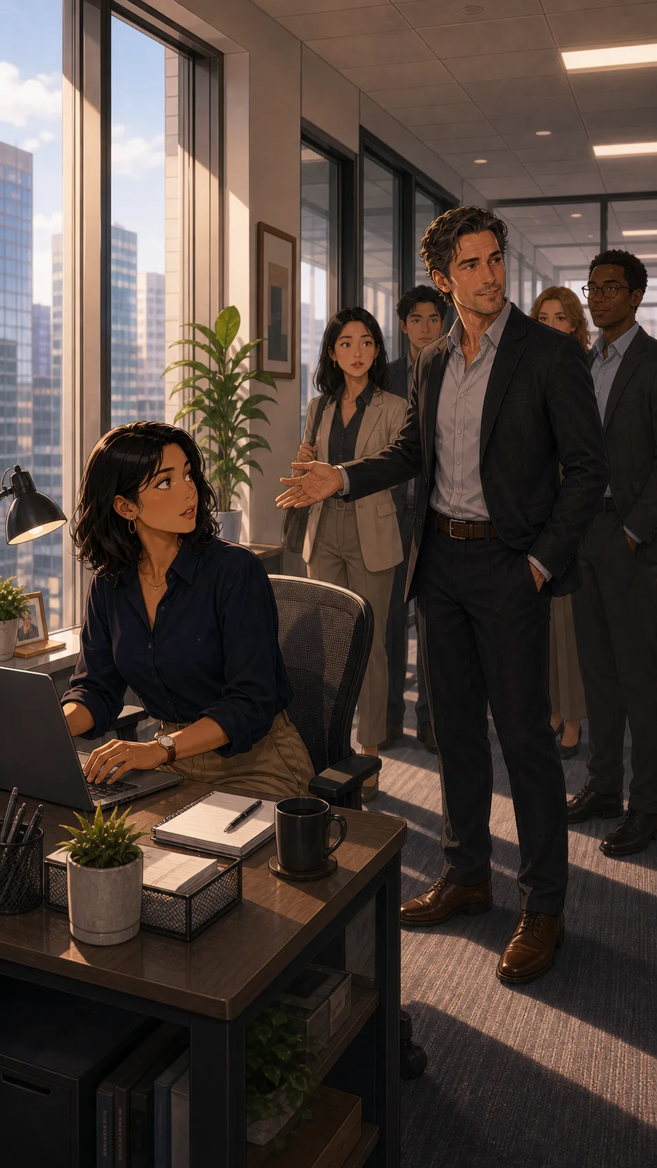 A client tour stops beside Harper's desk.