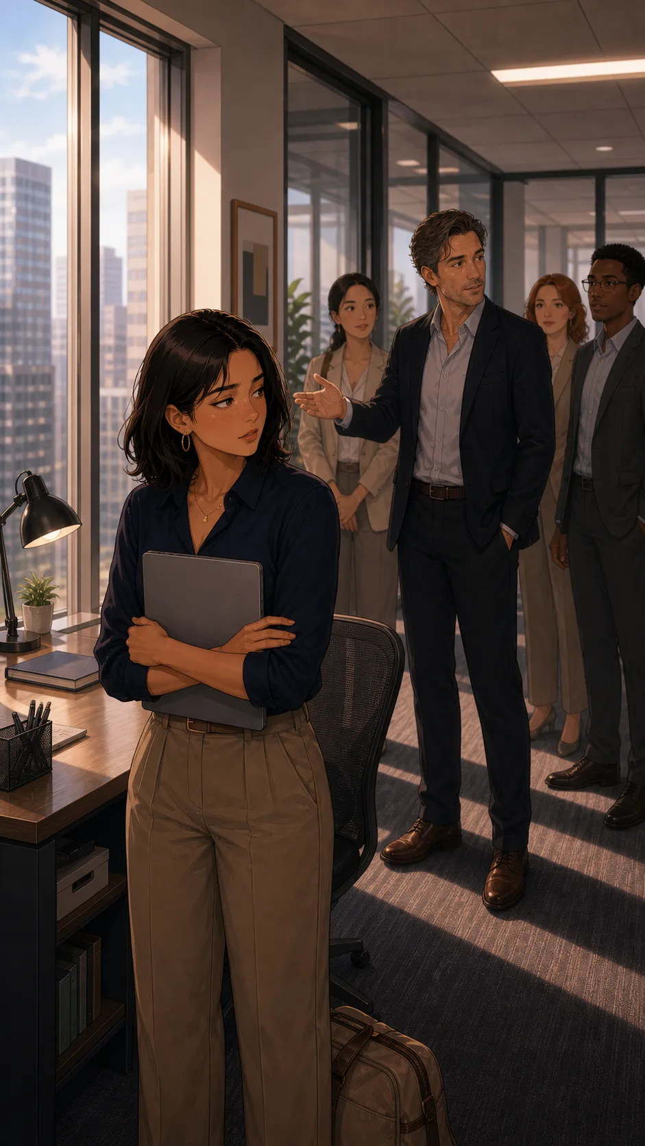 Harper steps away from her desk during a client tour.