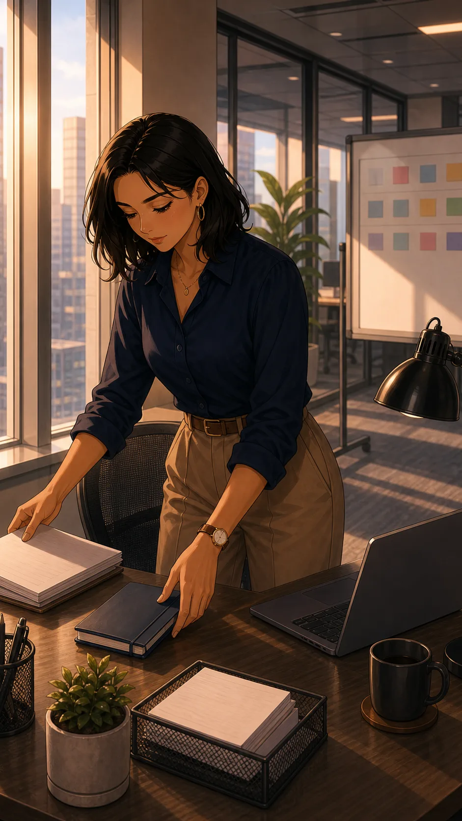 Harper tidies her window desk before a tour.