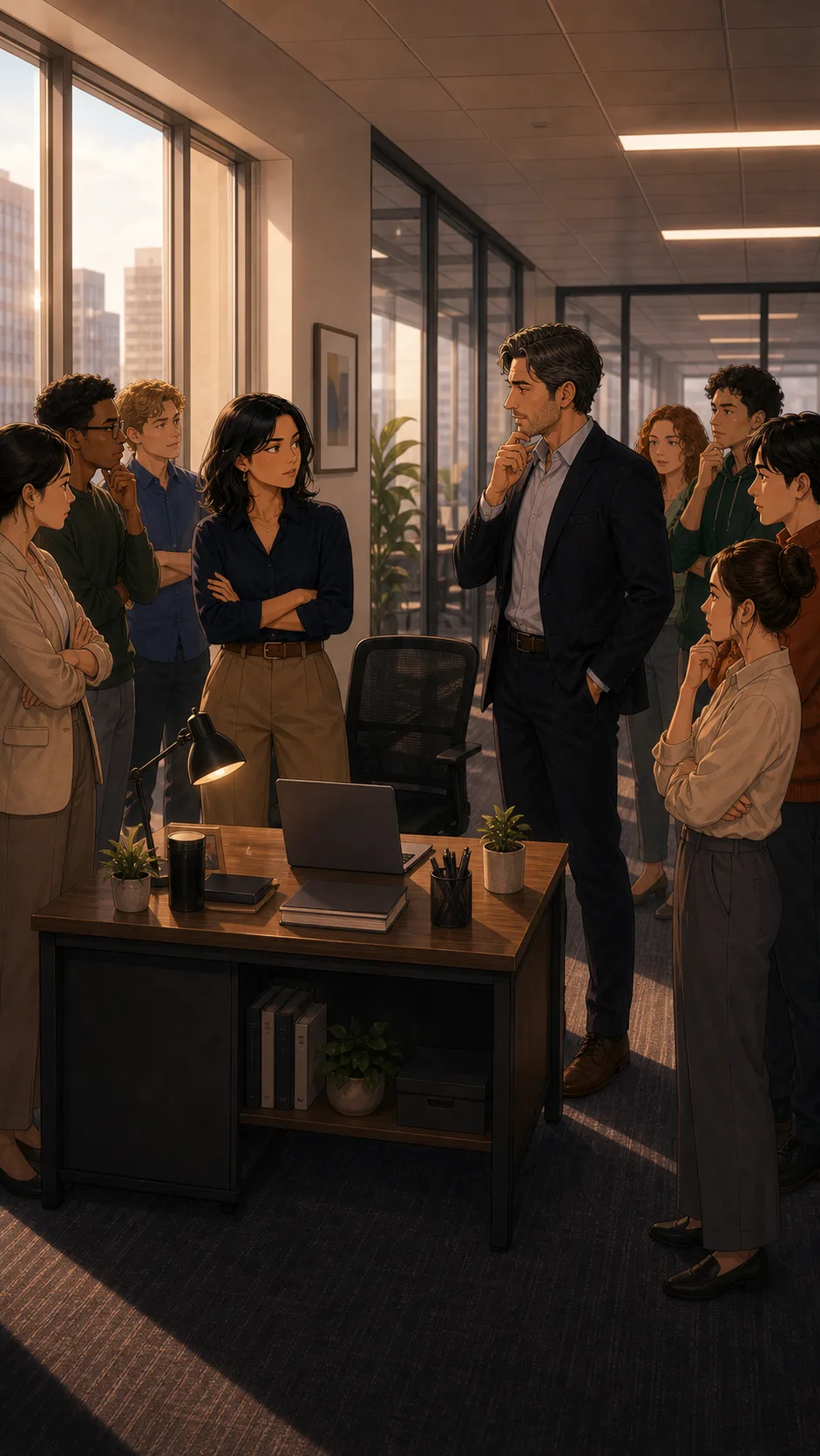 Coworkers split around Harper's window desk.