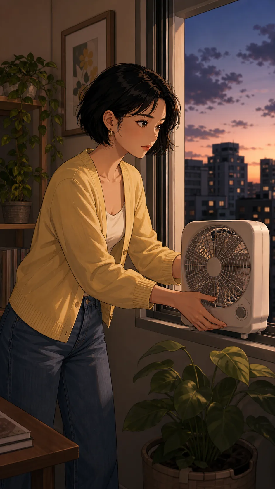 June sets up a small window fan in her apartment.