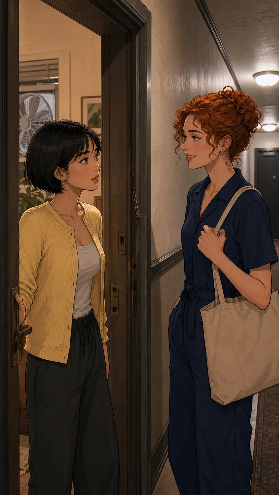 Petra asks June to keep the window fan running during busy hallway hours.