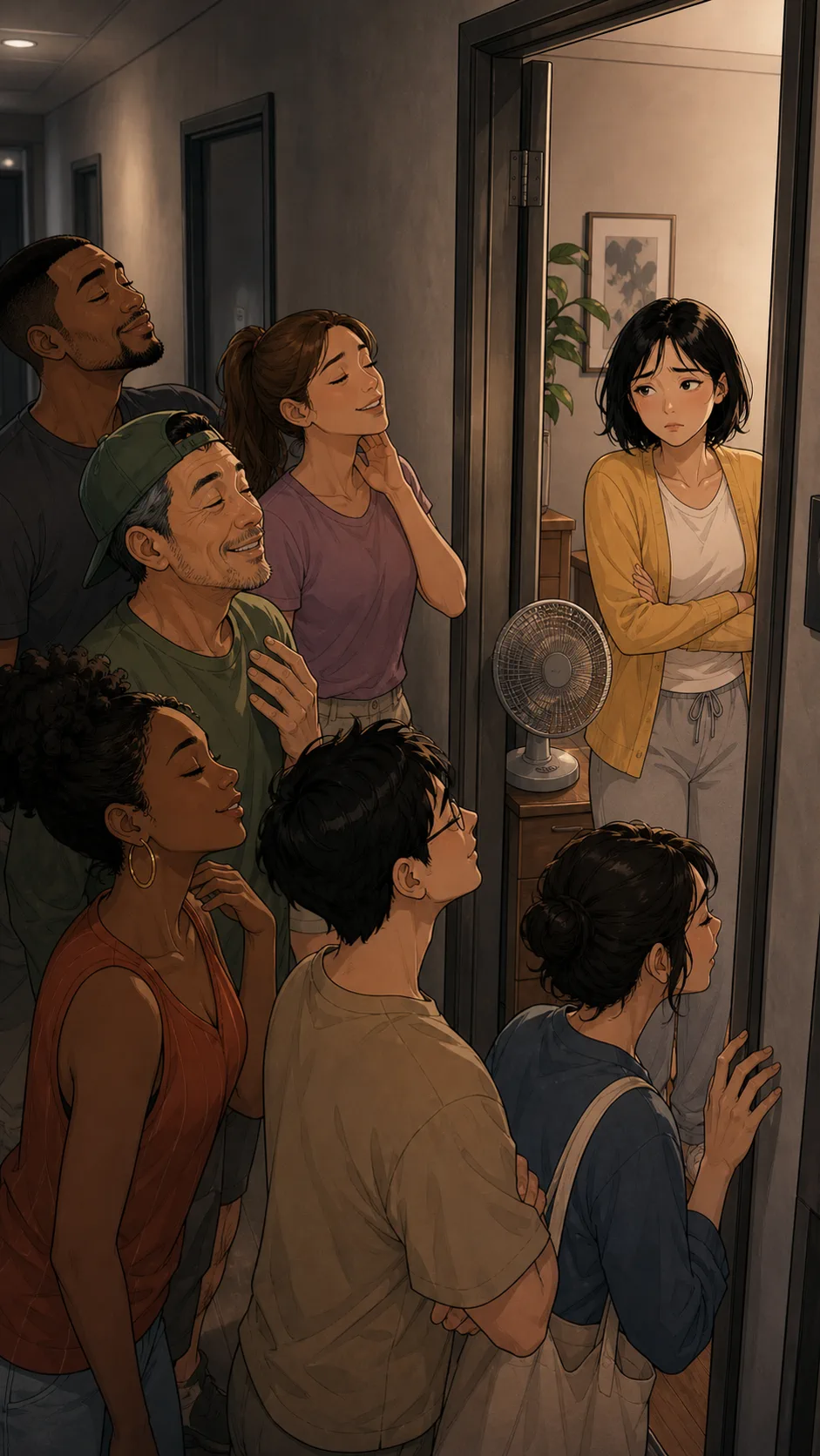 Neighbors gather near June's doorway while her fan runs.