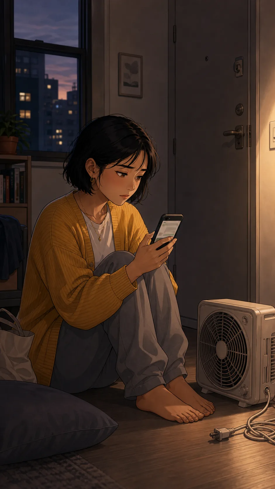 June sits beside the unplugged fan while checking unreadable neighbor messages.