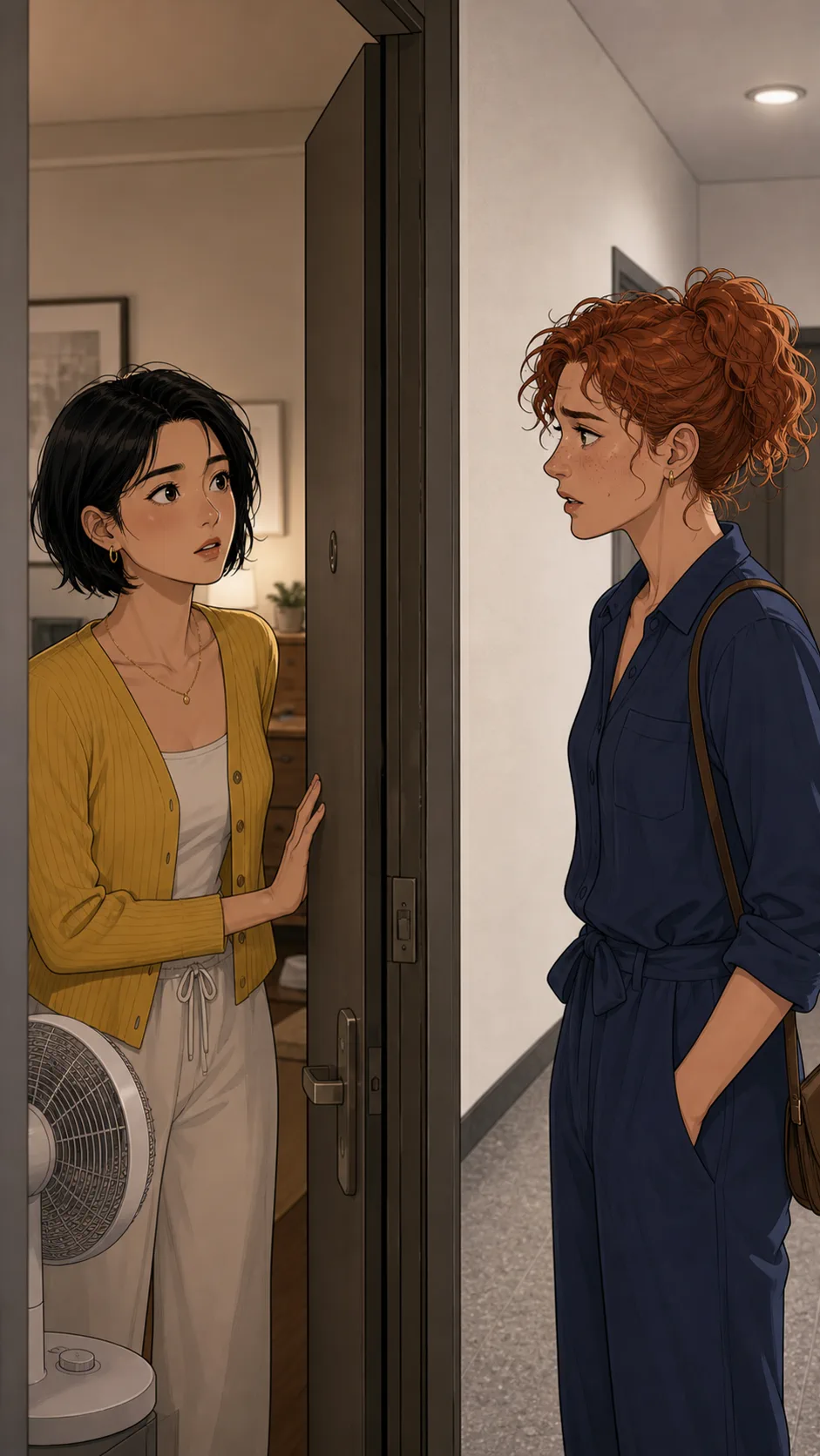 June and Petra discuss whether June should run the fan for the hallway.