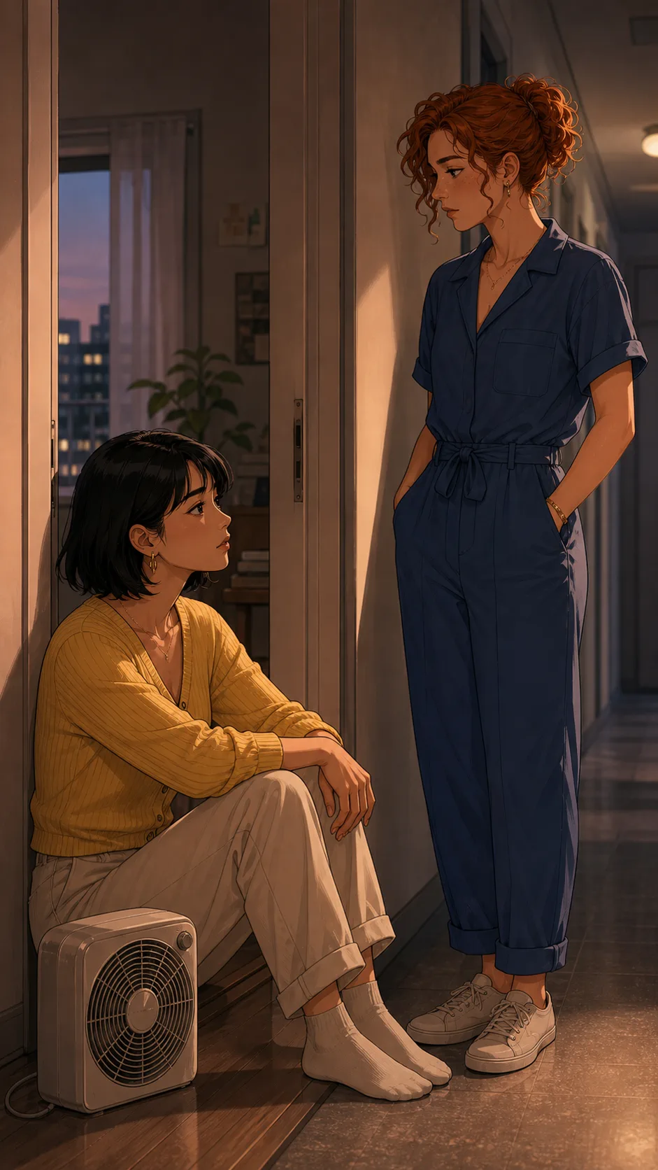 June and Petra look thoughtful near the window fan and apartment hallway.
