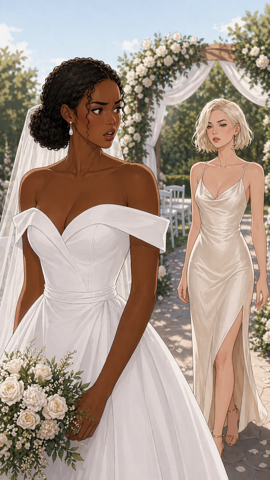 A bride in a garden wedding setting stares in shock as her sister arrives in an ivory satin dress.