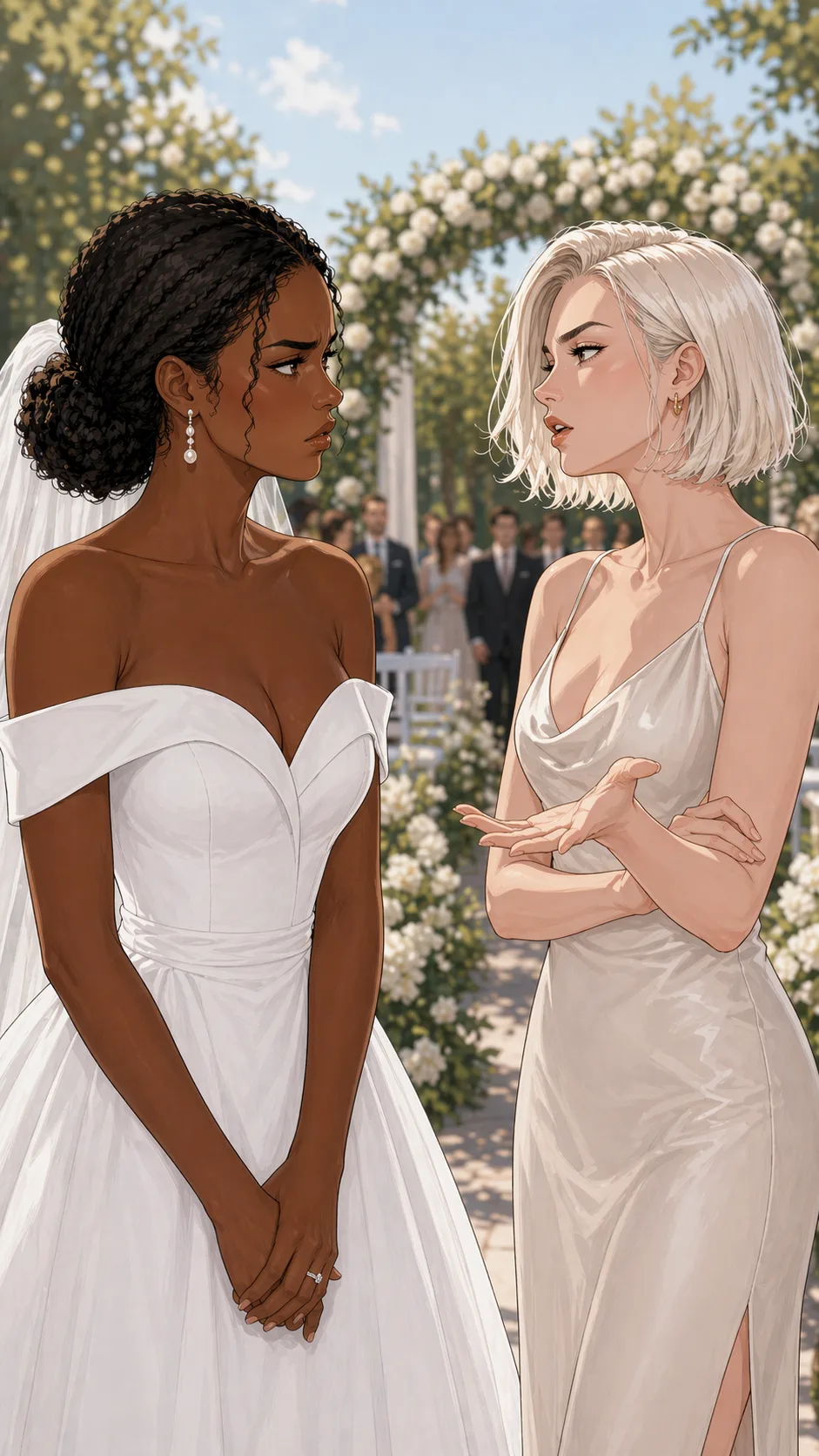A bride confronts her younger sister at a garden venue while the sister defensively explains her ivory dress.