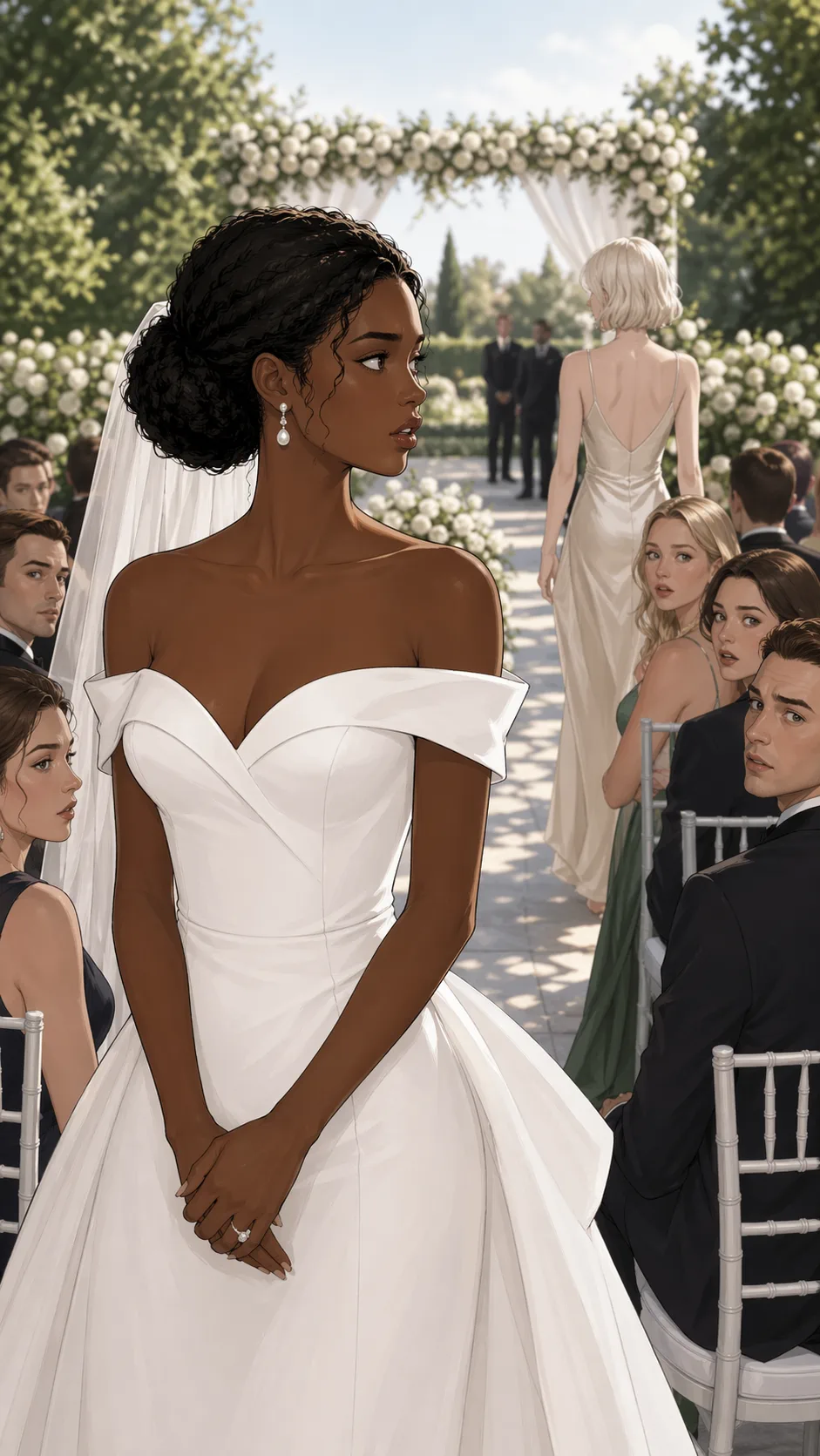 At an outdoor wedding ceremony, the bride notices guests quietly glancing at her sister's ivory dress.