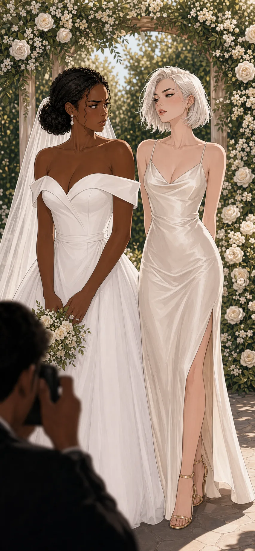 During wedding portraits, the bride watches her sister drift toward the center beside her.