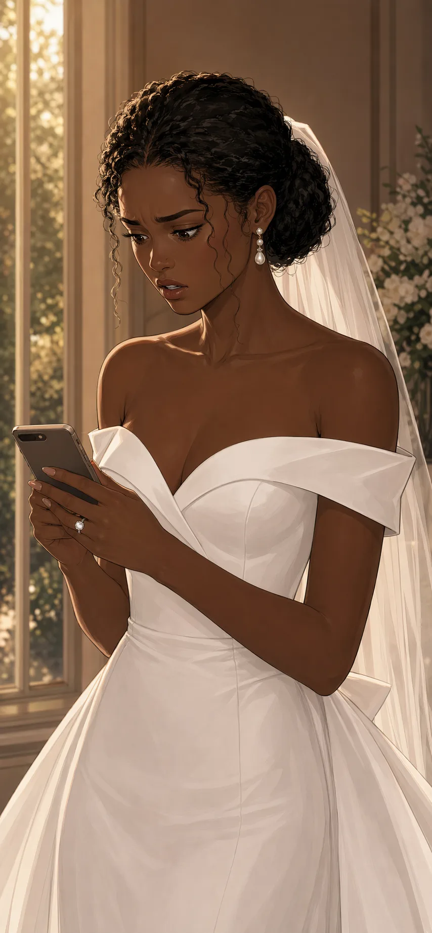 Standing alone inside the venue, the bride stares at her phone and realizes her sister had already warned her about the dress.