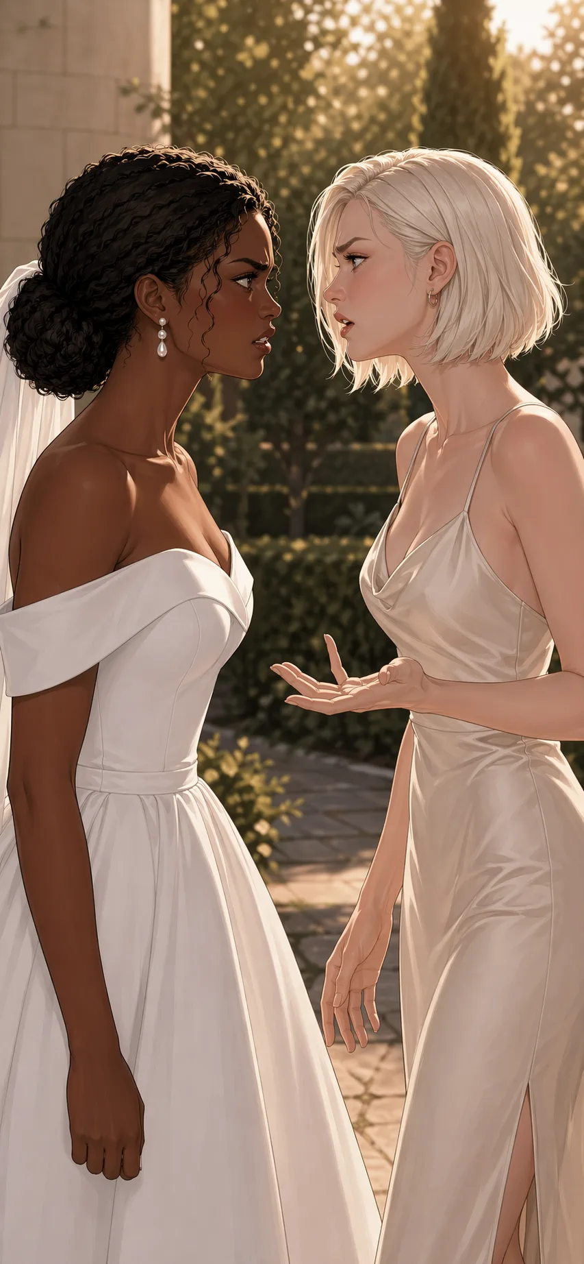 A bride and her younger sister argue in a side garden after the wedding portraits.