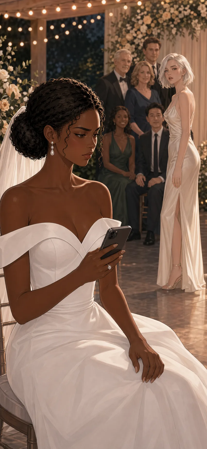 At the reception, the bride coldly finalizes a phone post while her sister realizes she is being moved out of the center.