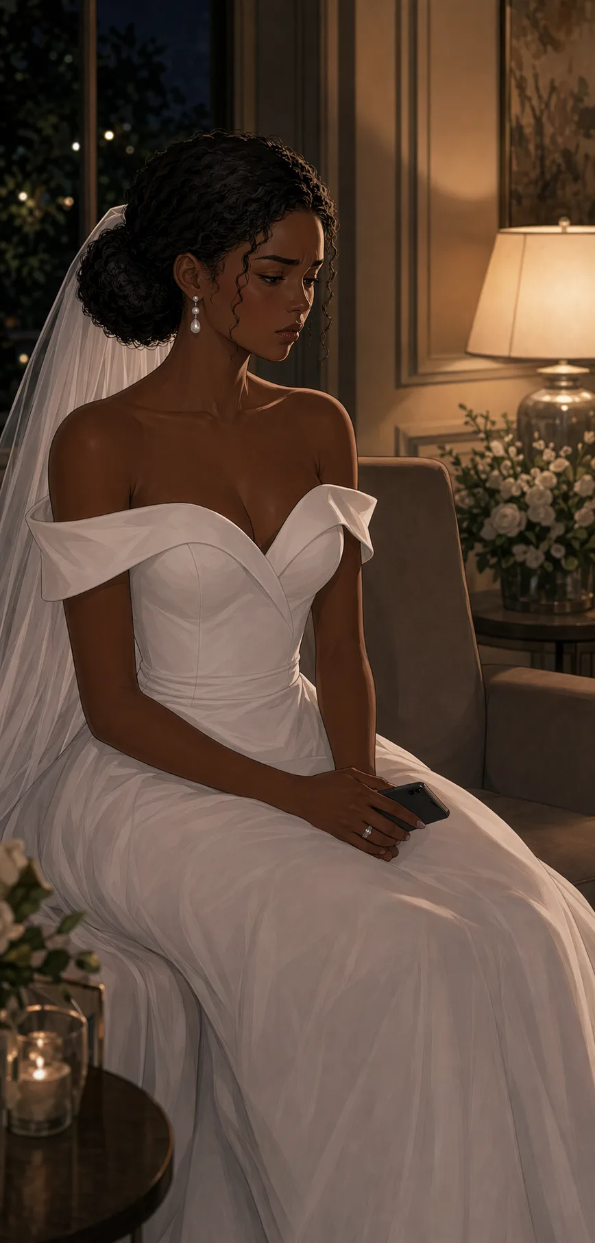Alone in a quiet wedding lounge at night, the bride sits with a phone in her lap and divided reactions weighing on her.