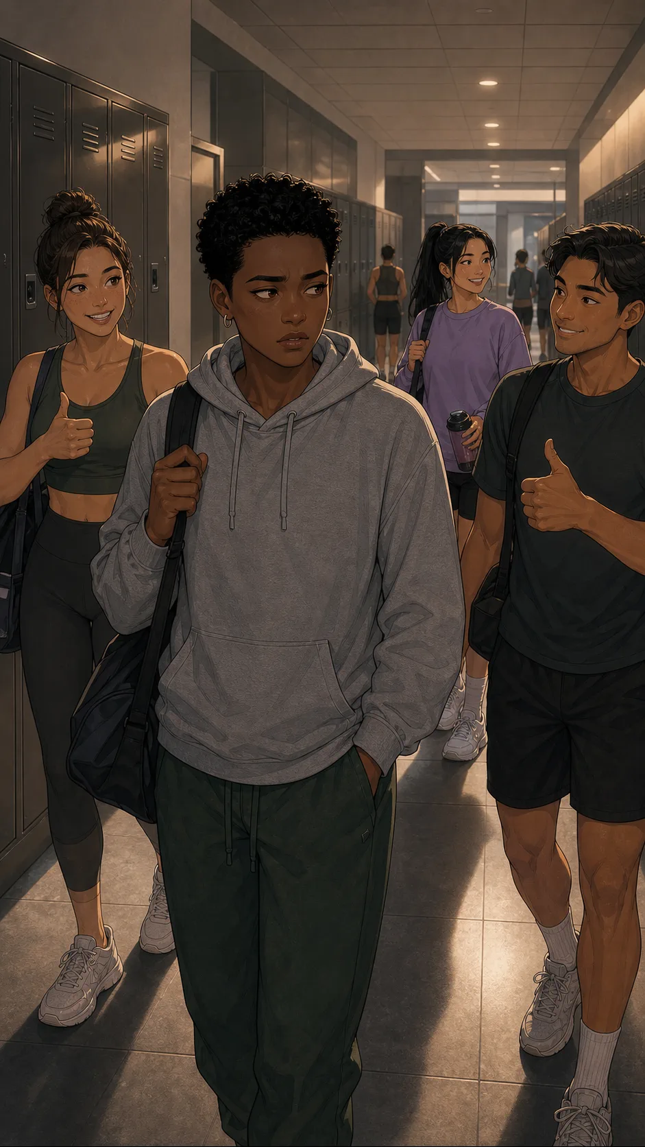 Ari enters a gym hallway while friends react to the shared streak.