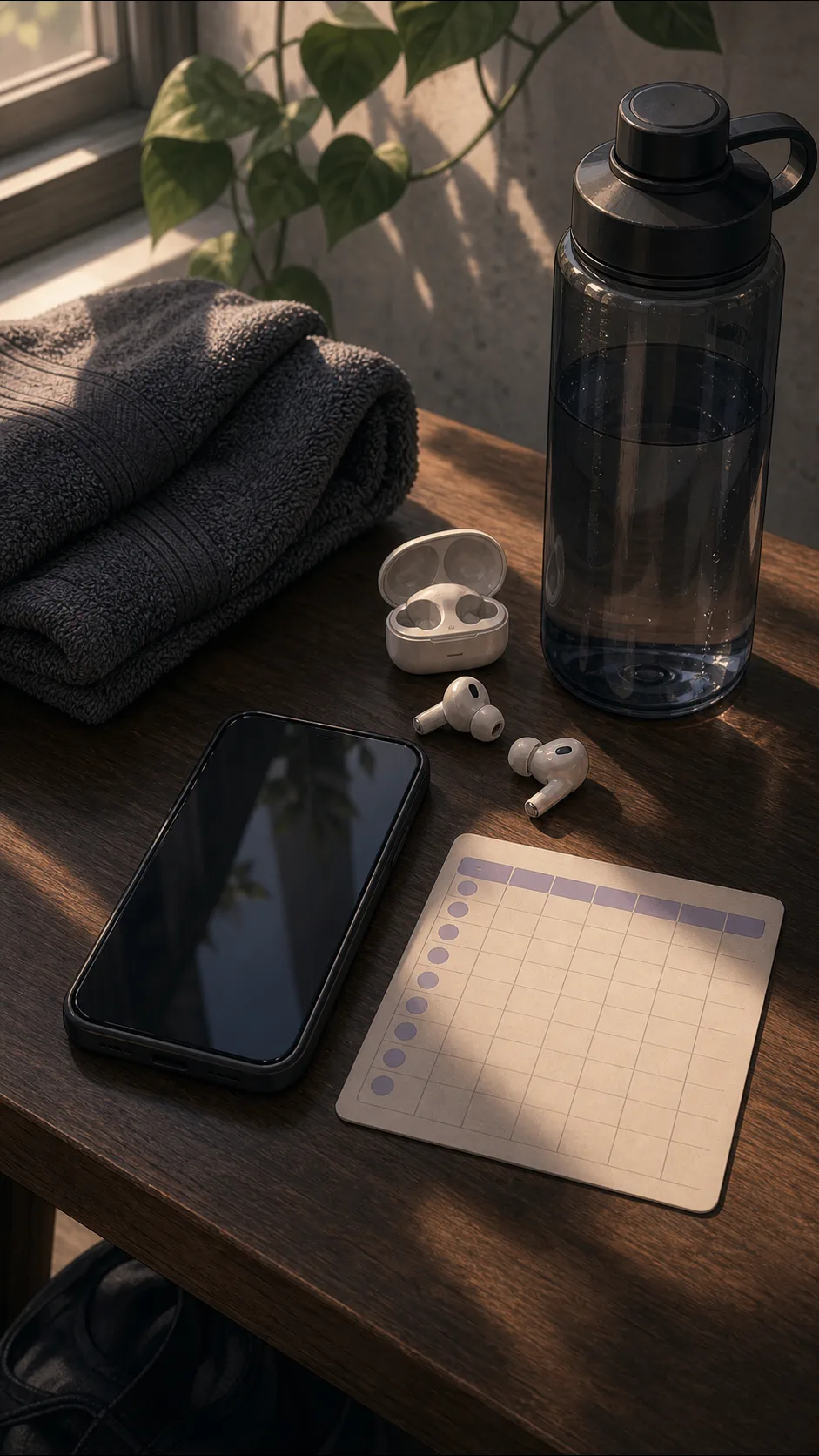 A phone, earbuds, towel, and blank tracker card sit on a table.