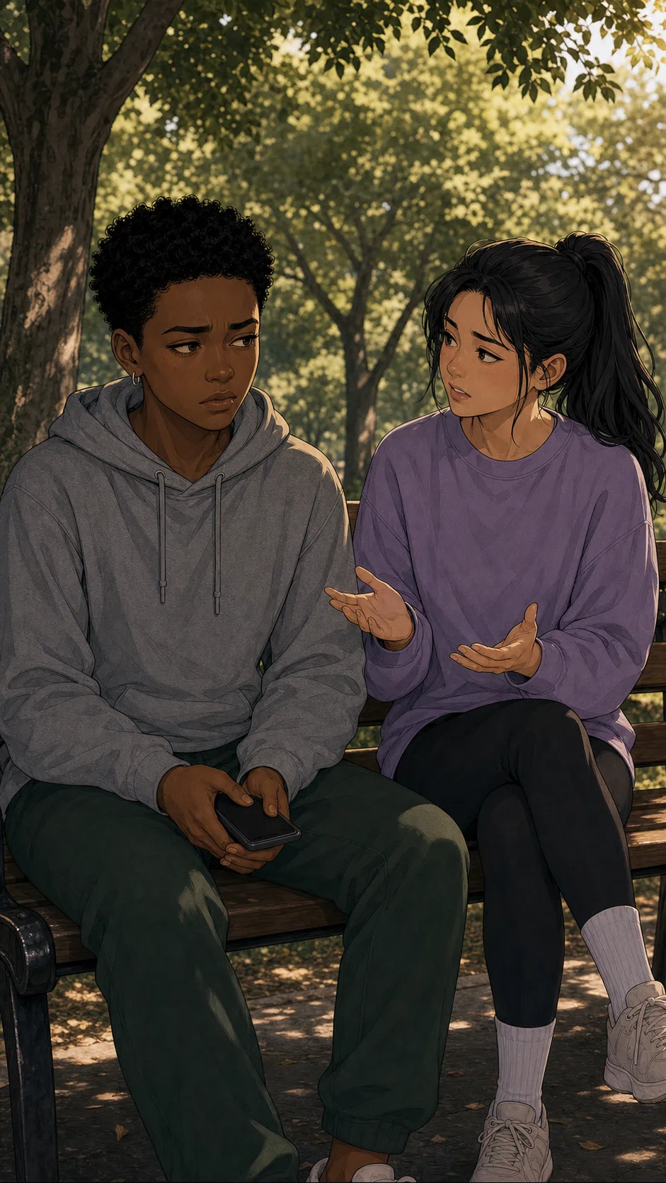 Blake explains herself to Ari on a park bench.