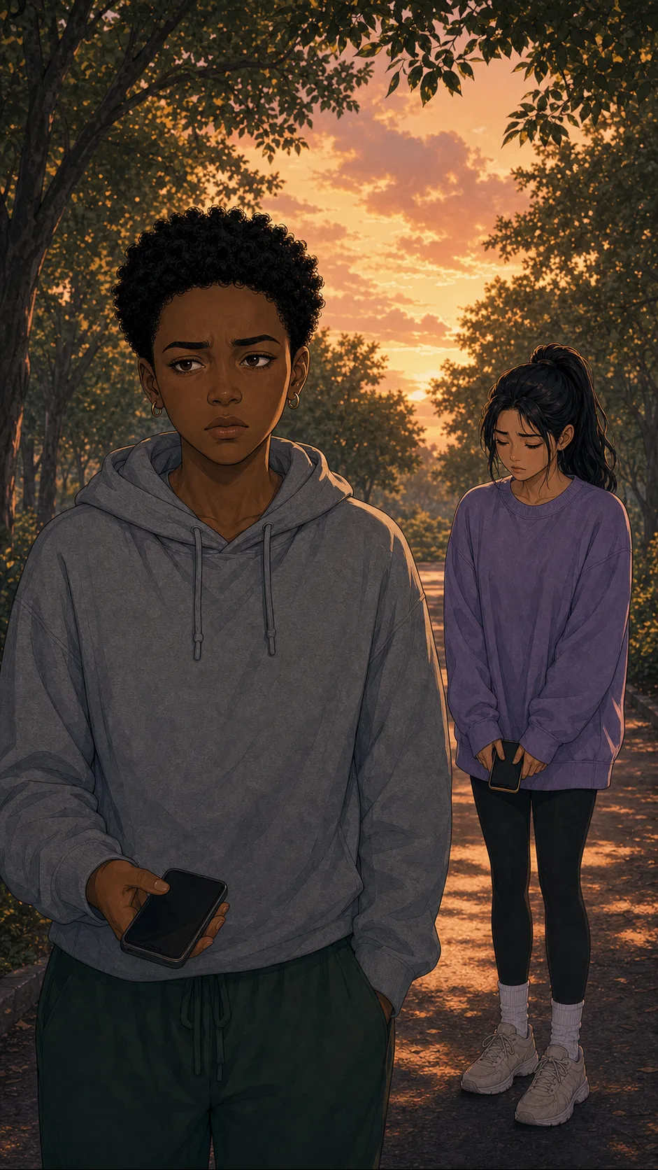 Ari stands on a park path deciding how to respond.