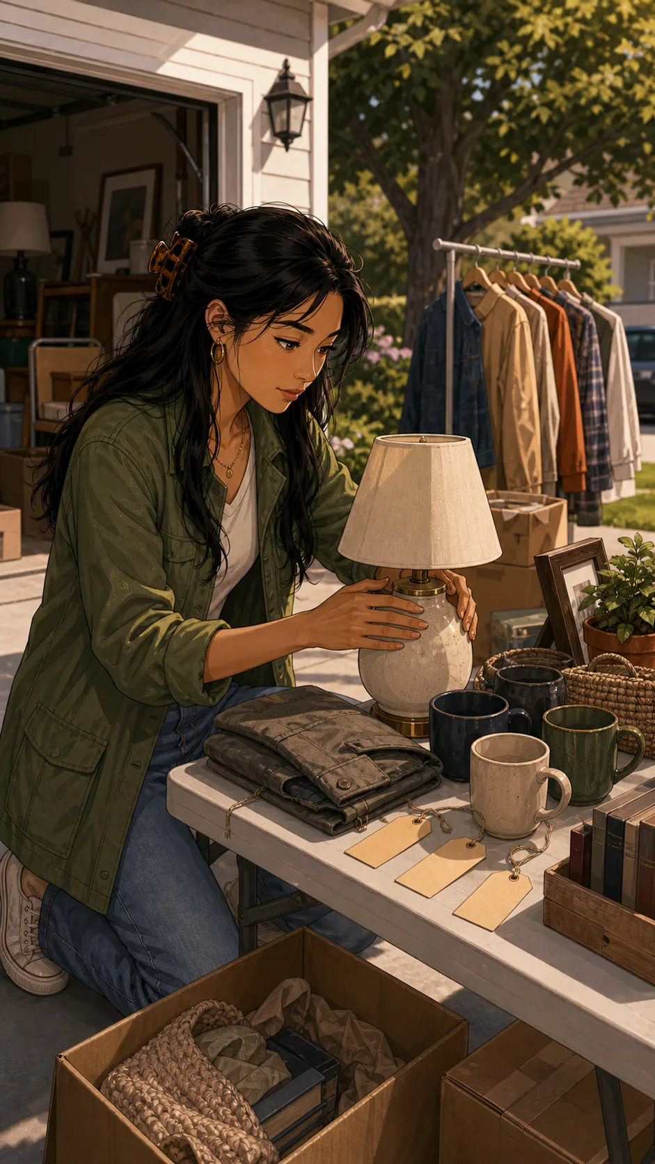 Talia prices items on a yard sale table beside moving boxes.