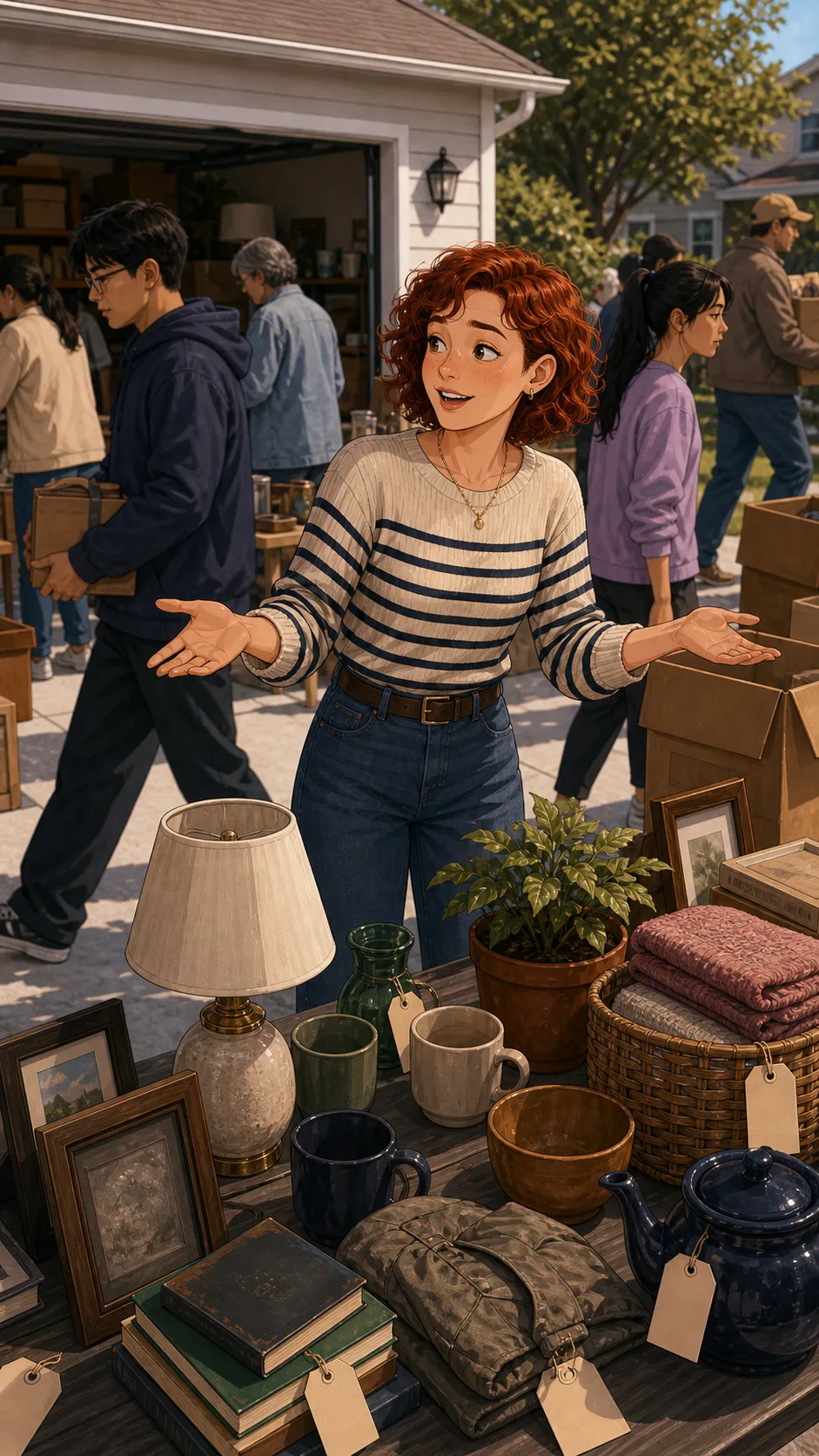 June looks at a crowded yard sale table that shoppers are passing.