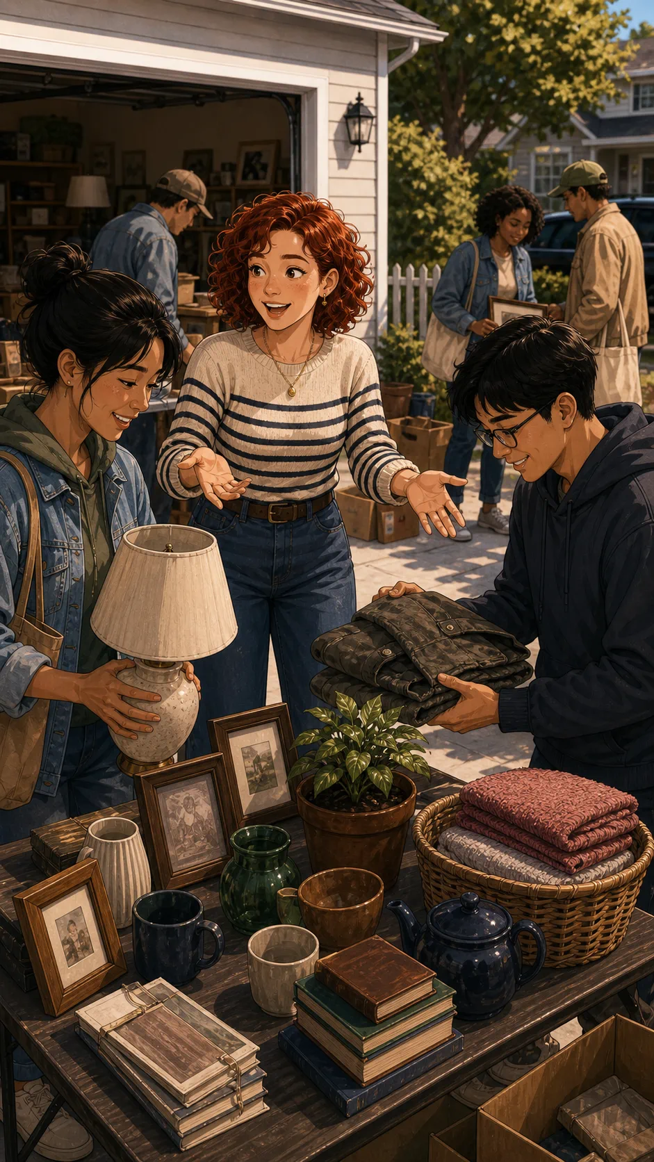 June gestures as shoppers take items from a yard sale table.