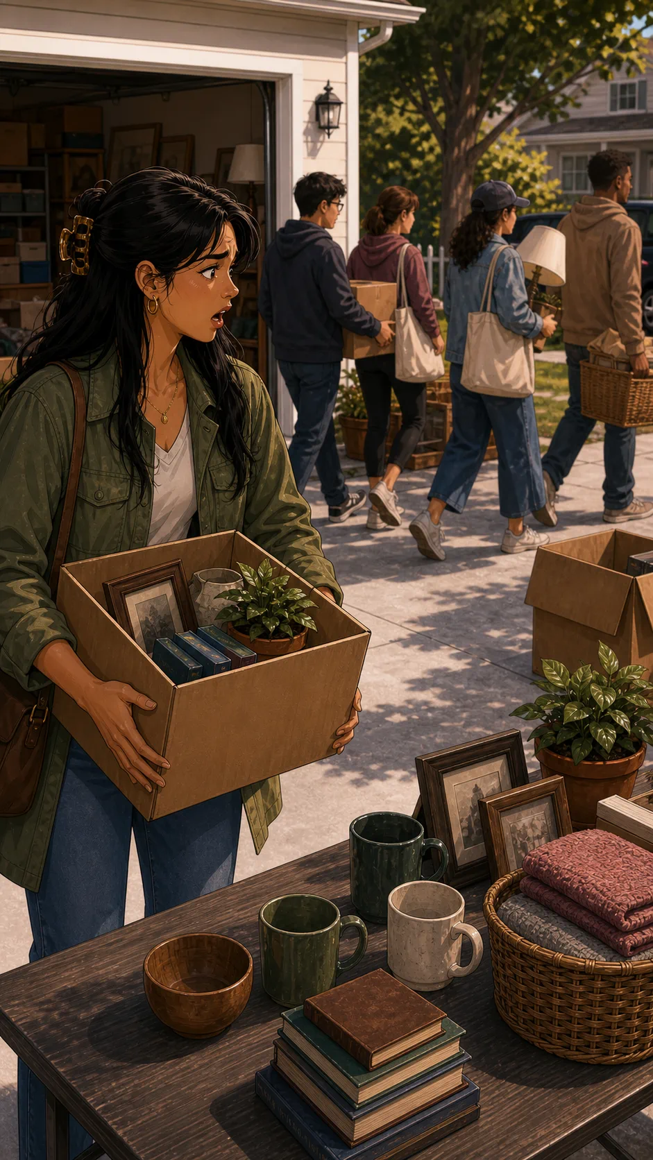 Talia returns to a half-empty yard sale table.